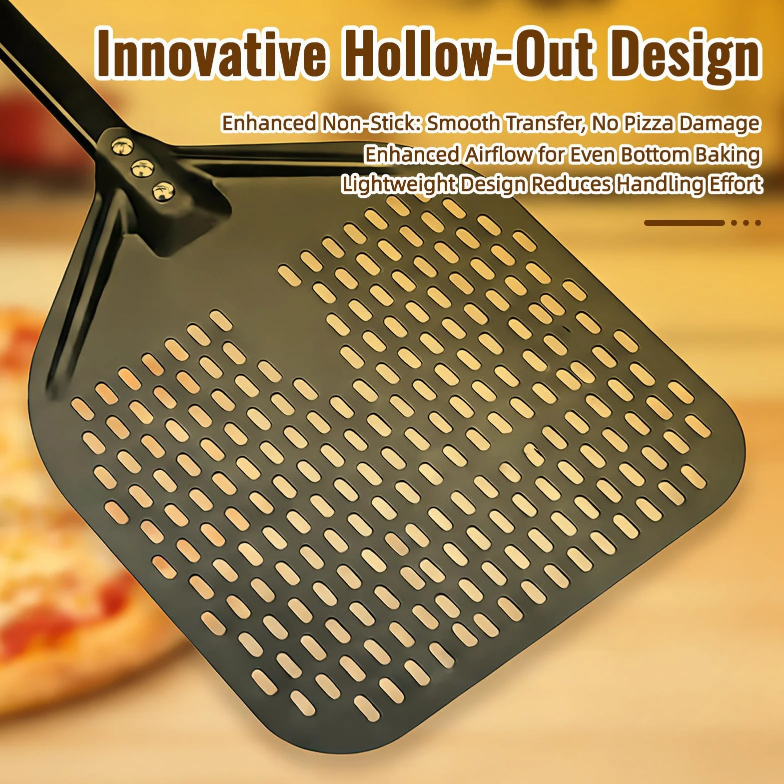Łopatka do pizzy premium – długa łopatka do pizzy – perforowana łopatka do pizzy z twardego anodowanego aluminium – ułatwia przesuwanie ciasta na pizzę – akcesoria do grilla prezent