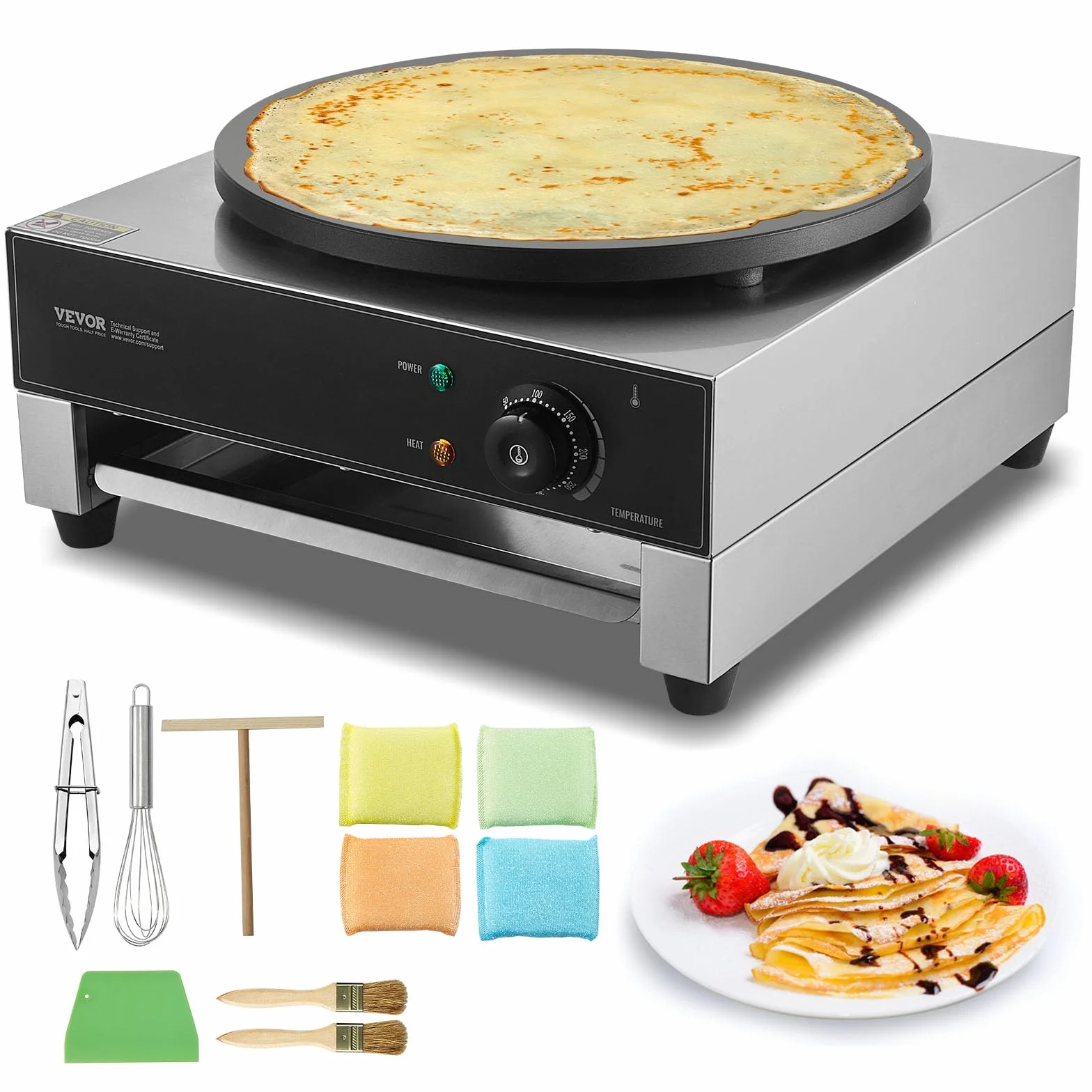 VEVOR 1700 W komercyjna płaska płyta naleśnik maszyna do naleśników ze stali nierdzewnej nieprzywierająca okrągła kuchenka na naleśniki i płatki zbożowe z regulacją temperatury, 435 x 455 x 225 mm