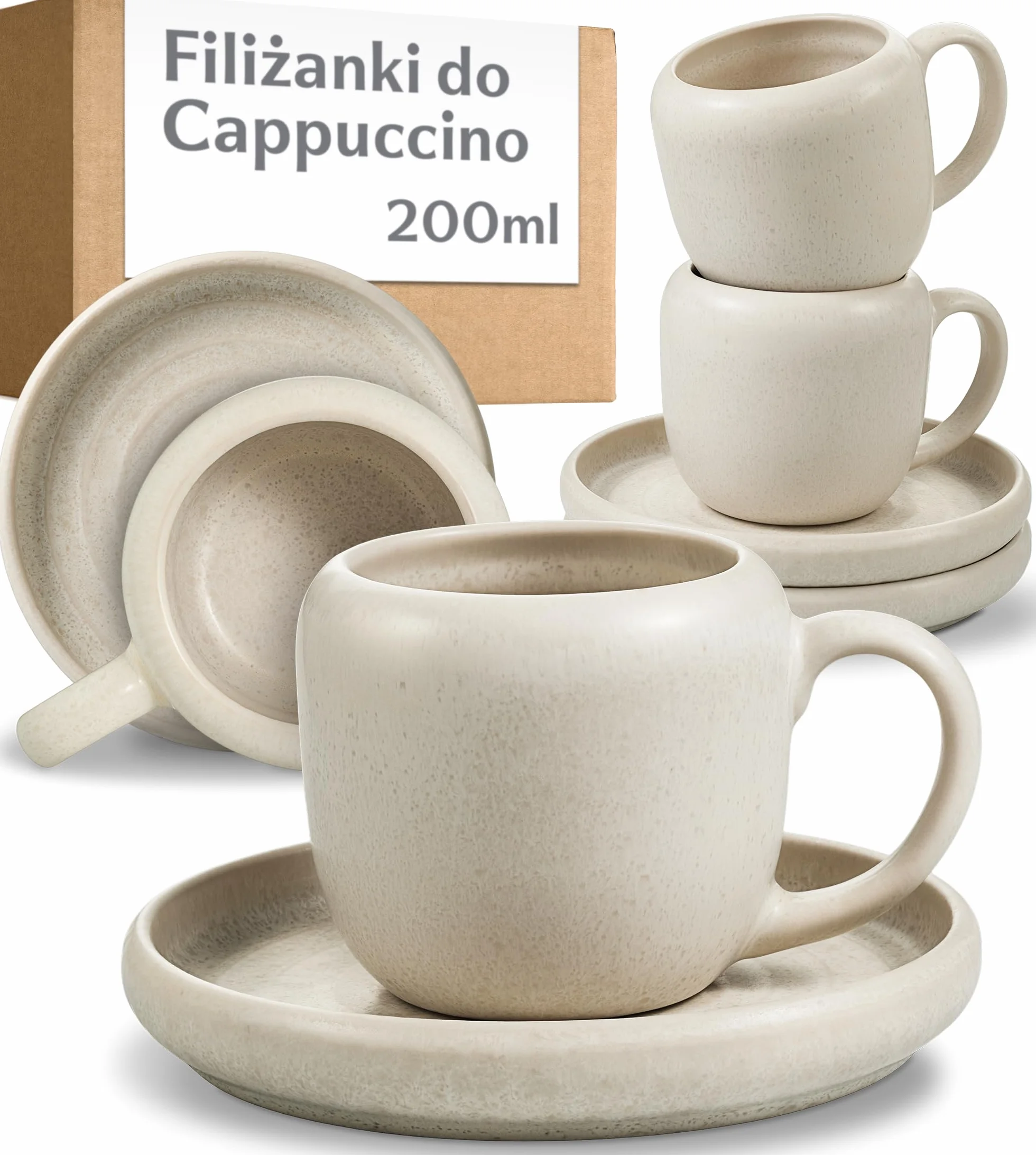 Cosumy Filiżanki do Cappuccino 4 Szt. 200 ml – Zestaw Filiżanek do Kawy z Talerzykiem w Bieli – Ergonomiczne Ucho, Grube Ścianki – Do Mikrofalówki i Zmywarki – Zestaw na 4 Osoby