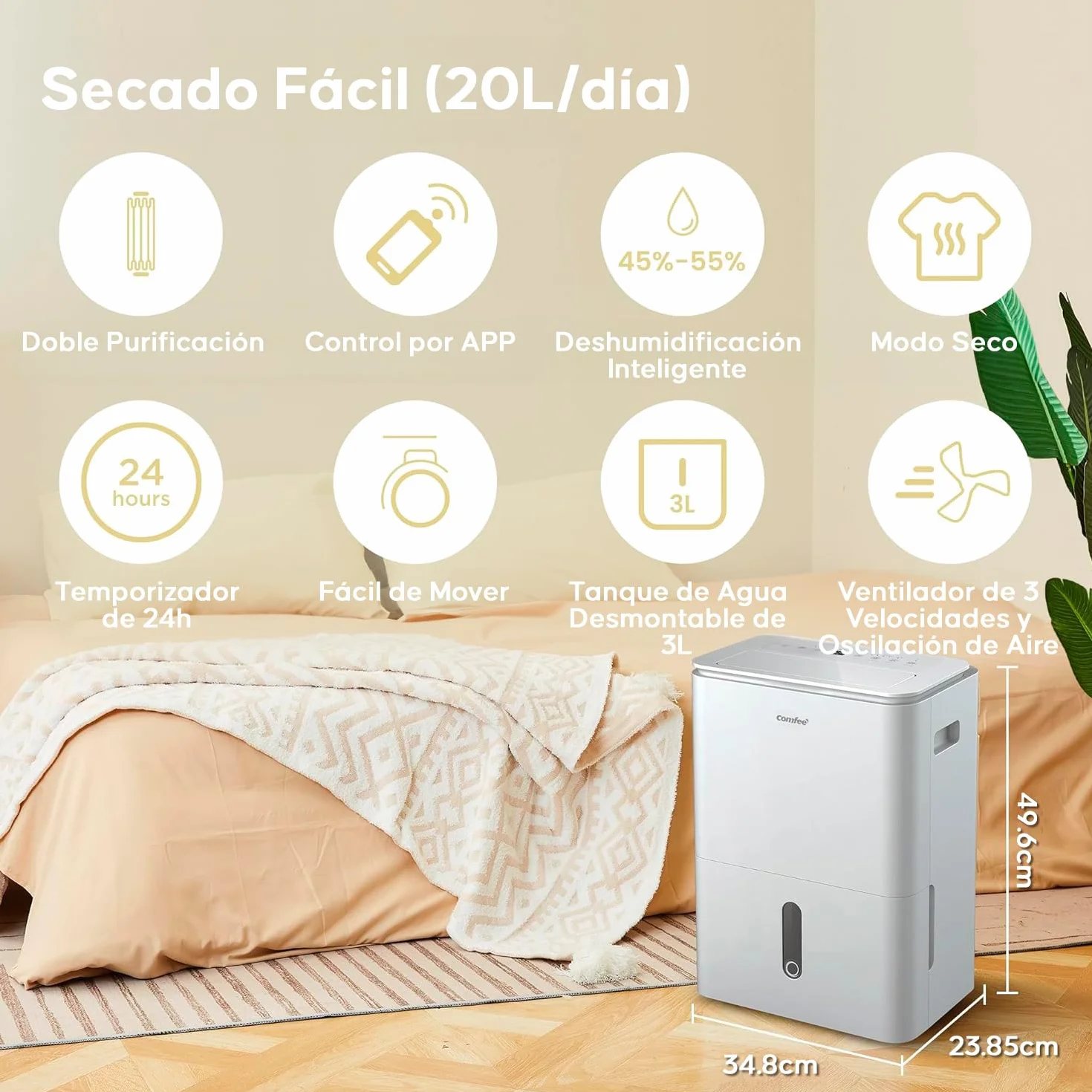 COMFEE Osuszacz powietrza Easy Dry 20 l/dzień, 4 tryby, nawilżacz powietrza podłączony, zbiornik 3 l, suszarka bębnowa, funkcja Swing, do pomieszczeń o powierzchni 40 ㎡/100 m³