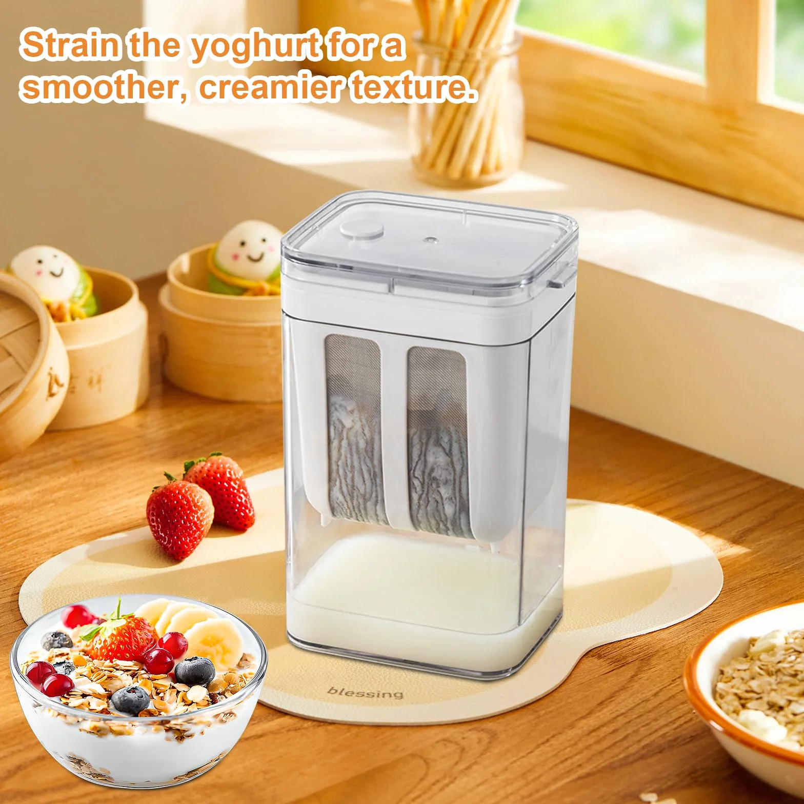 Greckie sitko do jogurtu 1100 ml, urządzenie do przygotowywania jogurtu z pokrywką i drobnym sitkiem ze stali nierdzewnej, wielokrotnego użytku, separator serwatki do produkcji greckiego jogurtu, sera