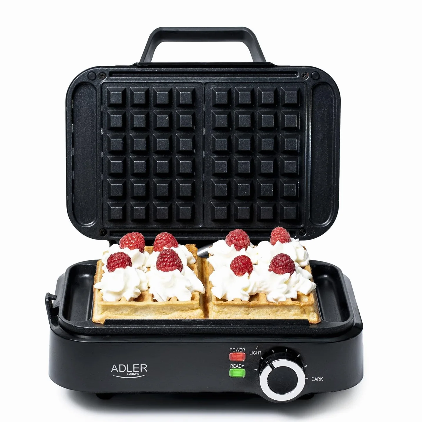 Adler Europe - Mała, podwójna gofrownica 2000 W - regulowany poziom ogrzewania - dwa klasyczne gofry jednocześnie - powłoka nieprzywierająca - 2 lampki kontrolne - głębokie płytki waflowe
