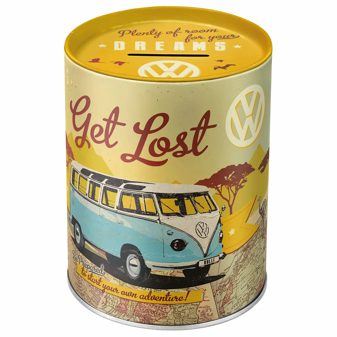 Nostalgic-Art Retro skarbonka, 1 l, VW Bulli – Let's Get Lost – Pomysł na prezent dla miłośnika Volkswagena Busa, Official License Product (OLP), metalowa skarbonka, Styl vintage