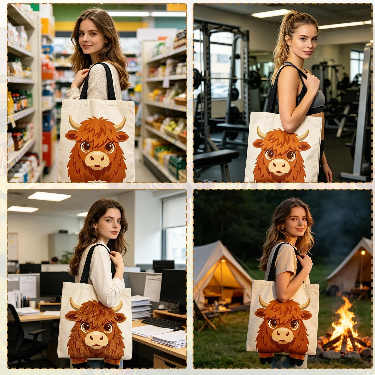 Onperpoe Torba materiałowa Highland Cow torba jutowa z nadrukiem z zapięciem na magnes, torba materiałowa Canvas Tote Bag szkocka wołowina górska torba na zakupy krowa Highland Prezenty Torba do