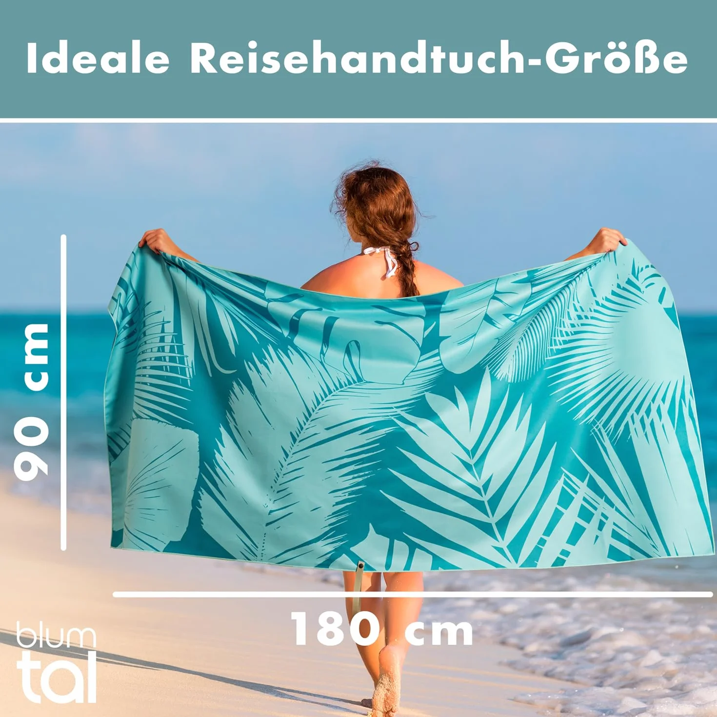 Blumtal Strandhandtuch 90x180cm aus Mikrofaser - kompaktes und schnelltrocknendes Handtuch/Strandtuch xxl - Stranddecke sandfrei mit Band - Badetücher schnelltrocknend mit türkisem Palmen-Motiv