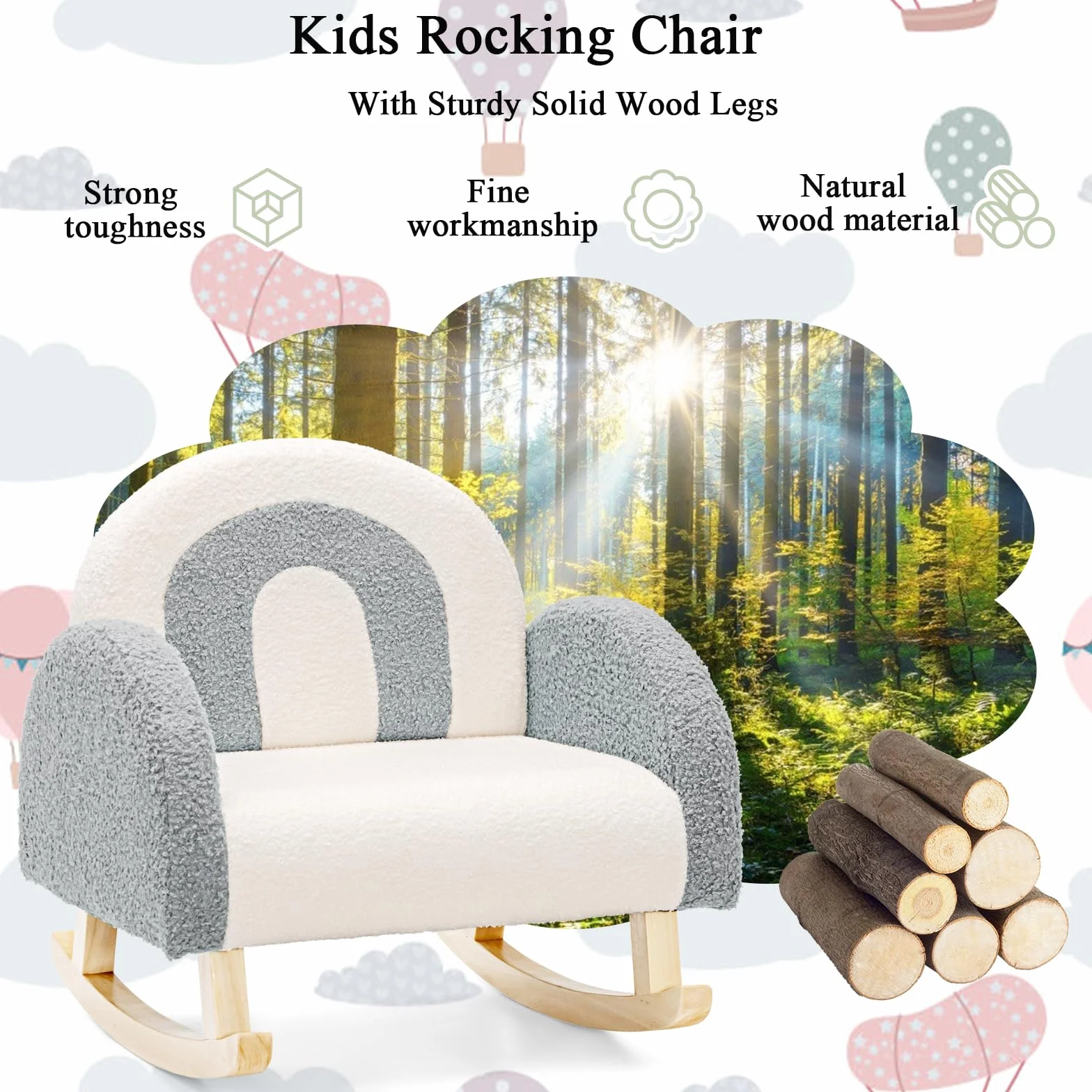 LIFEZEAL Fotel dziecięcy, sofa dla małych dzieci, mini sofa dla dziewczynek i chłopców, fotel bujany z aksamitnego materiału i nóg z litego drewna, krzesło do pokoju dziecięcego (szary)