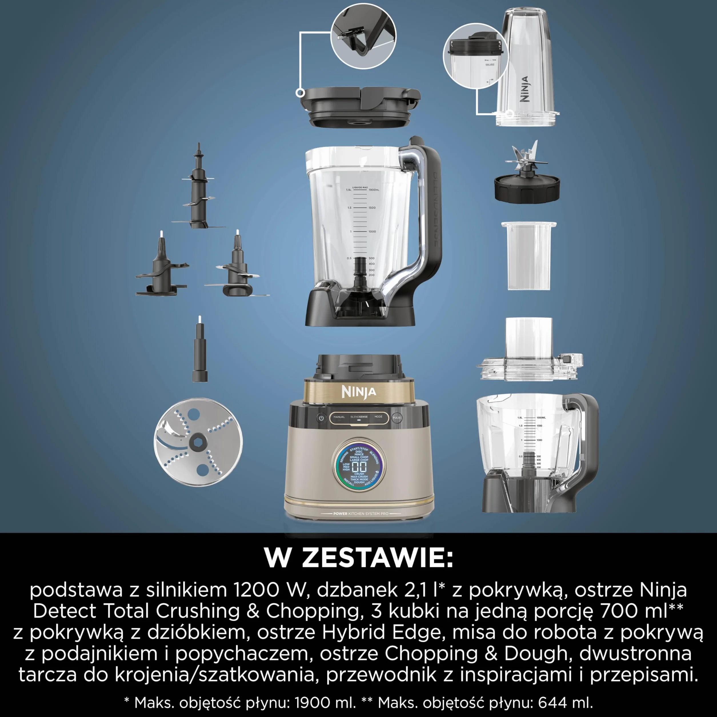 Ninja TB401EUSTGD 3-in-1 Detect Processor Pro Blender, robot kuchenny, ostrze do ciasta, kubki, dzbanek, złoty odcień kamienia