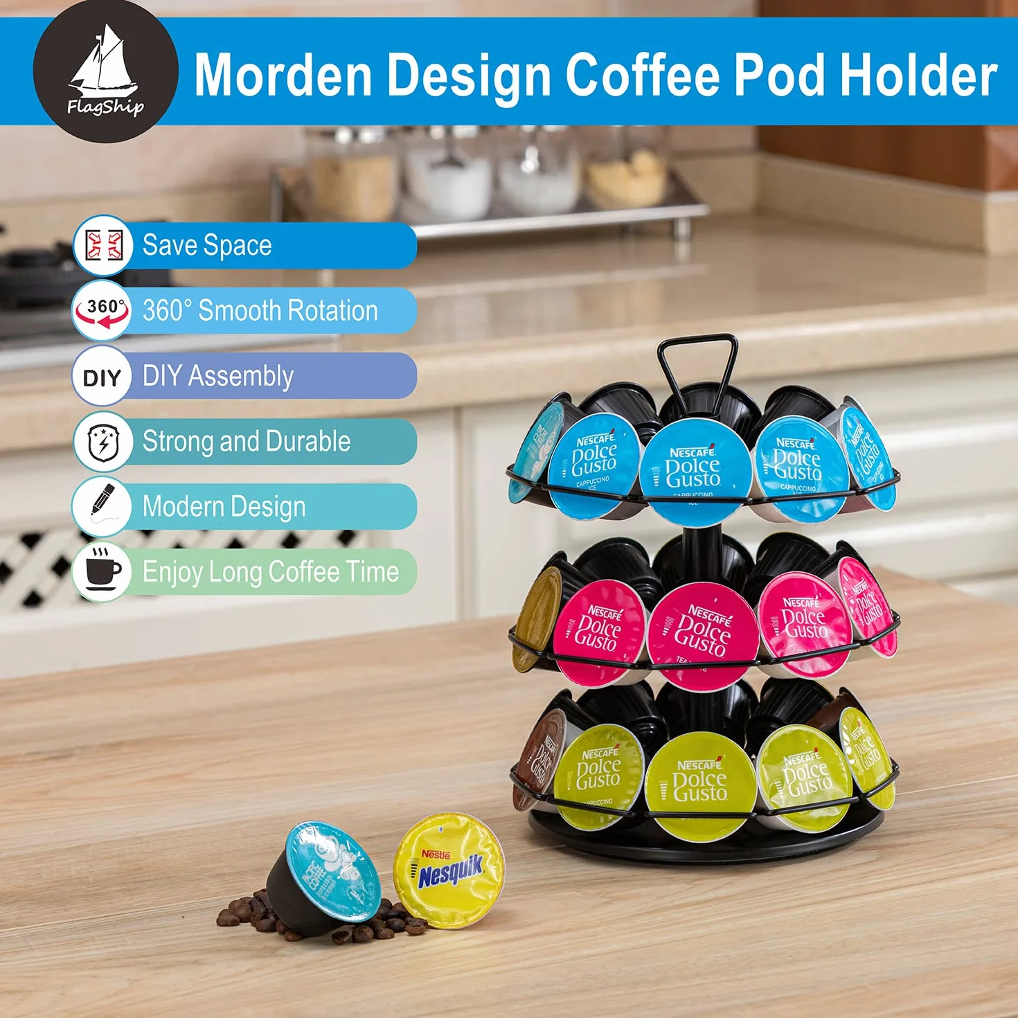 FlagShip Uchwyt na kapsułki z kawą, karuzela, 3 poziomy, uchwyt na kapsułki Dolce Gusto, metalowy uchwyt na kapsułki, "zrób to sam", mały do Nescafe Dolce Gusto (30 kapsułek)