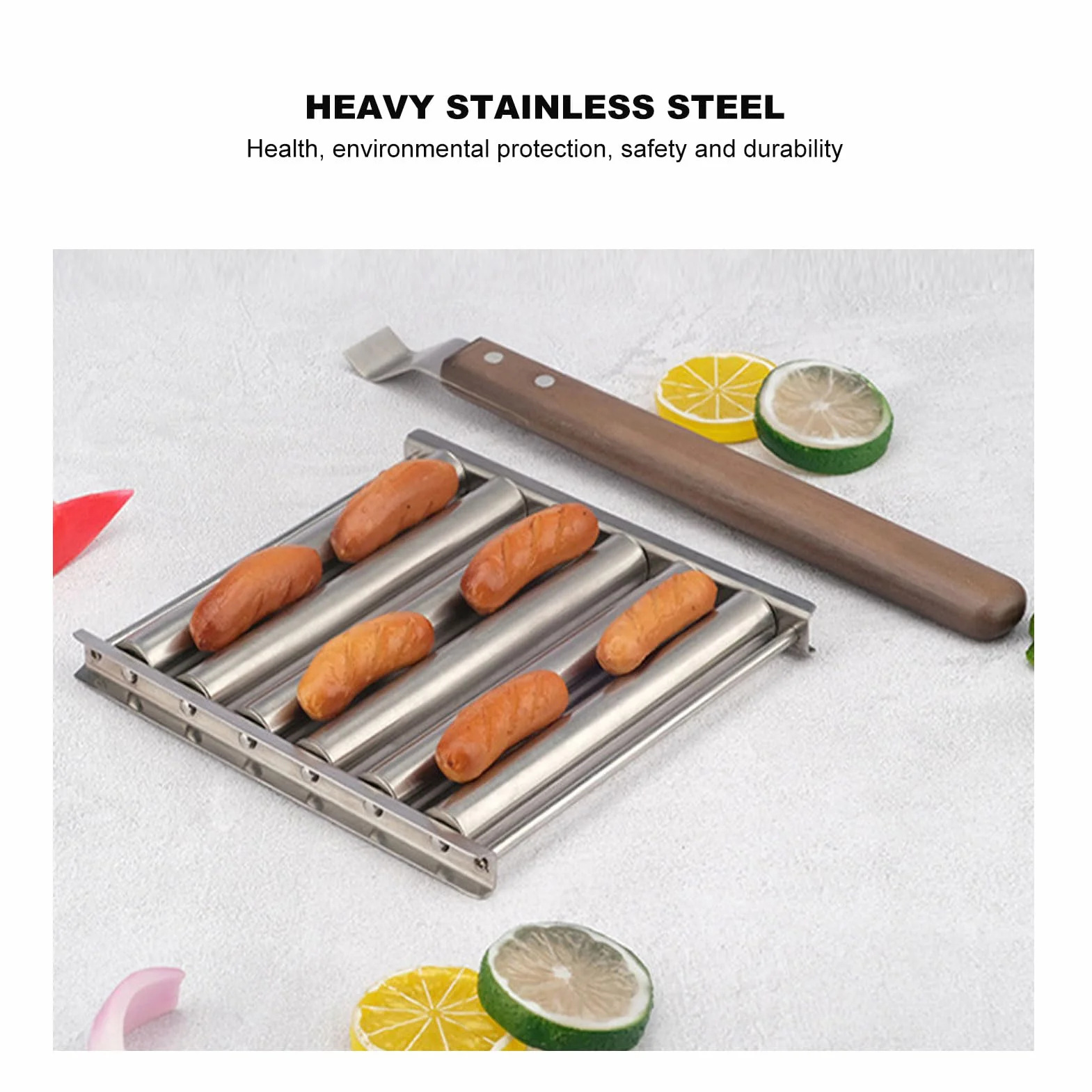Hot Dog Roller dla Girll, Odłączany Stojak na Kiełbaski Hot Dog ze Stali Nierdzewnej z Bardzo długą drewnianą rączką BBQ Hot Dog Girller do Równomiernego Gotowania (M)