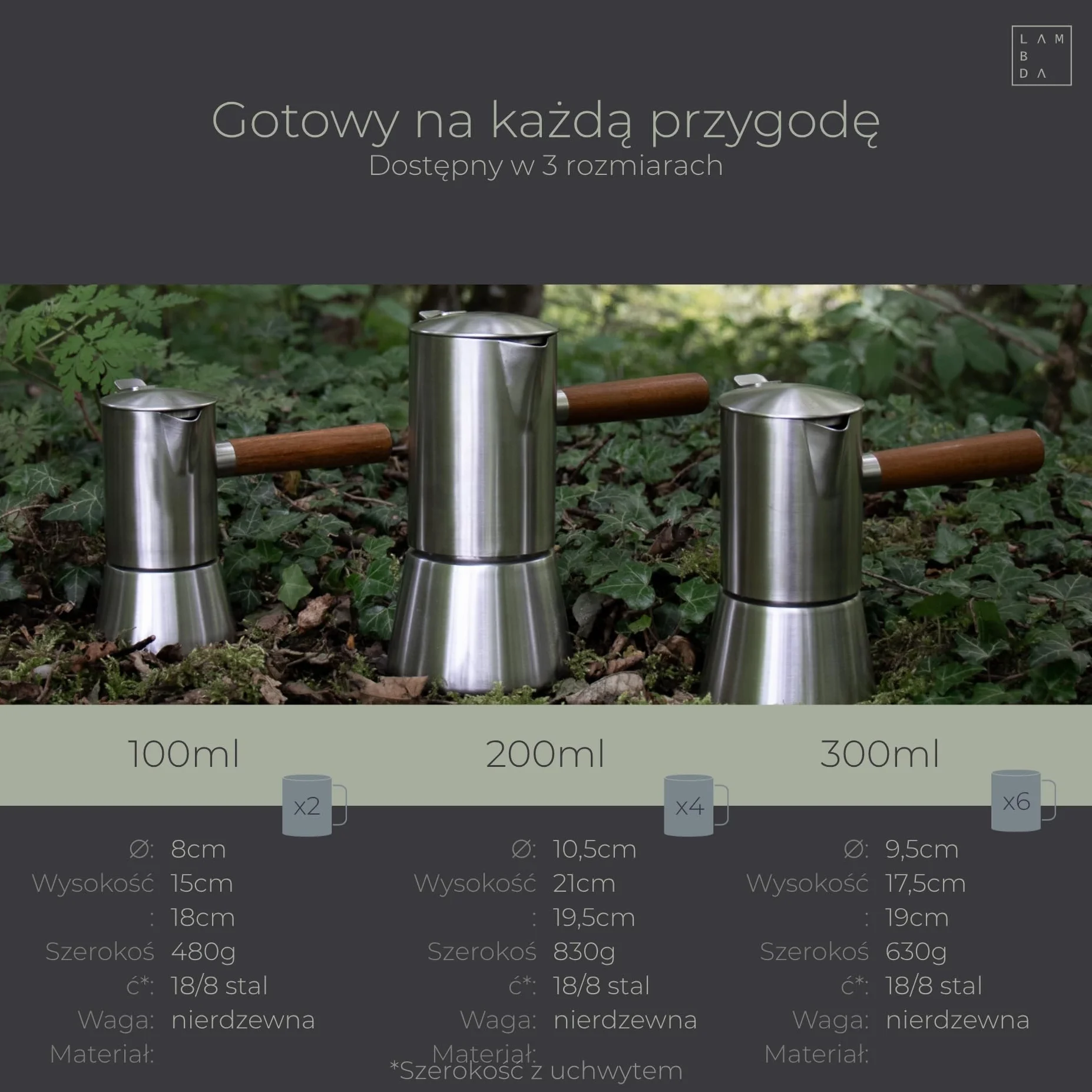 LAMBDA COFFEE VESUV zaparzacz do espresso ze stali nierdzewnej, nadaje się do kuchenek indukcyjnych, do użytku wewnątrz i na zewnątrz (200 ml – 3-4 filiżanki), dzbanek do kawy, indukcyjny