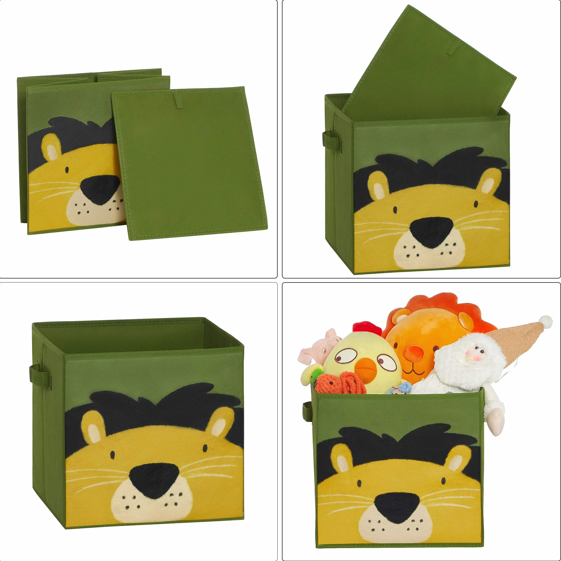 Songmics Pudełka do przechowywania składane 3 sztuk 30 x 30 x 30 cm motyw zwierzęcy niebiesko-zielono-różowe