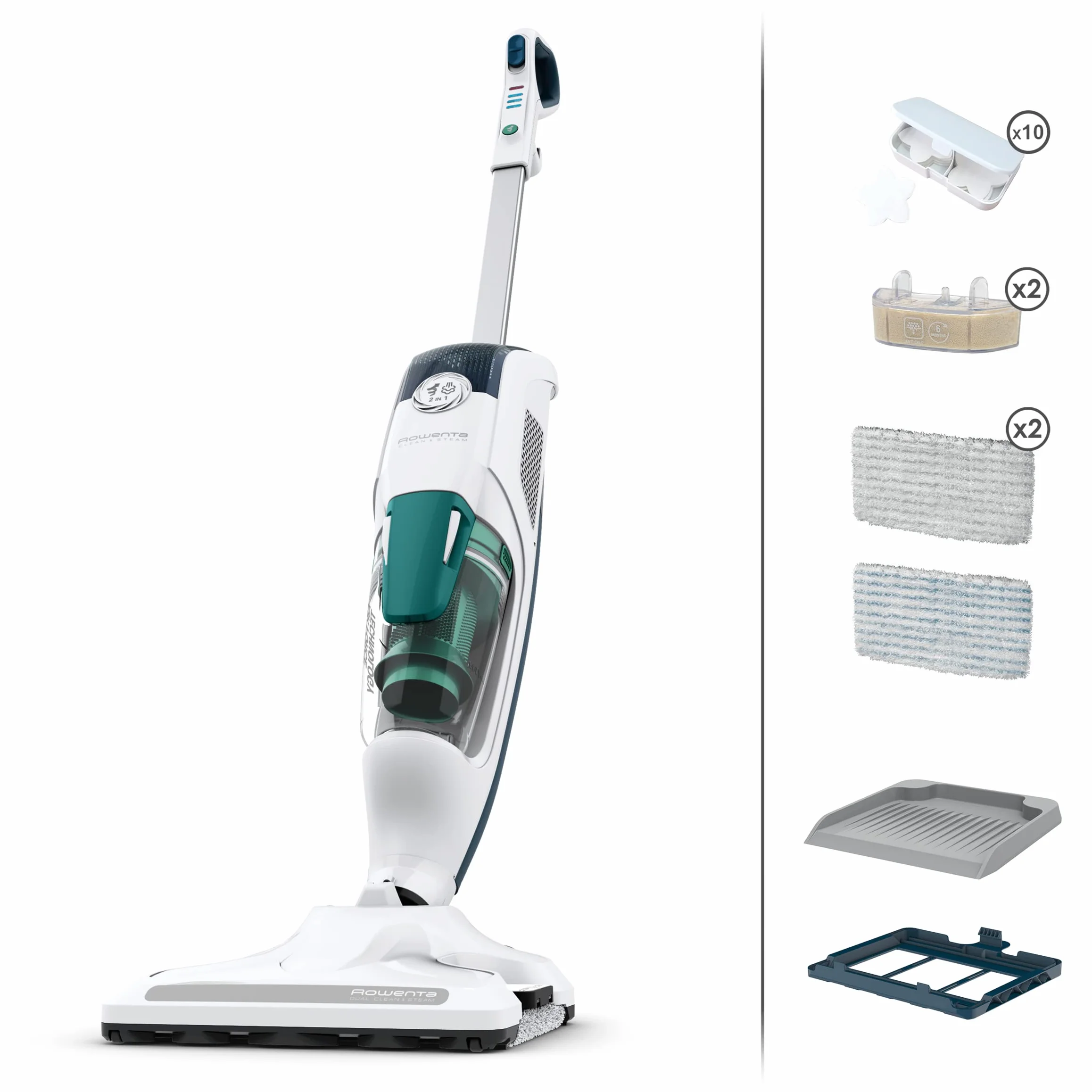 Rowenta 2 w 1 odkurzacz parowy, jednocześnie ssie i myje, eliminuje 99,9% bakterii, do wszystkich podłóg, bez detergentów, dyfuzor olejków eterycznych, Clean & Steam Revolution RY7757WH