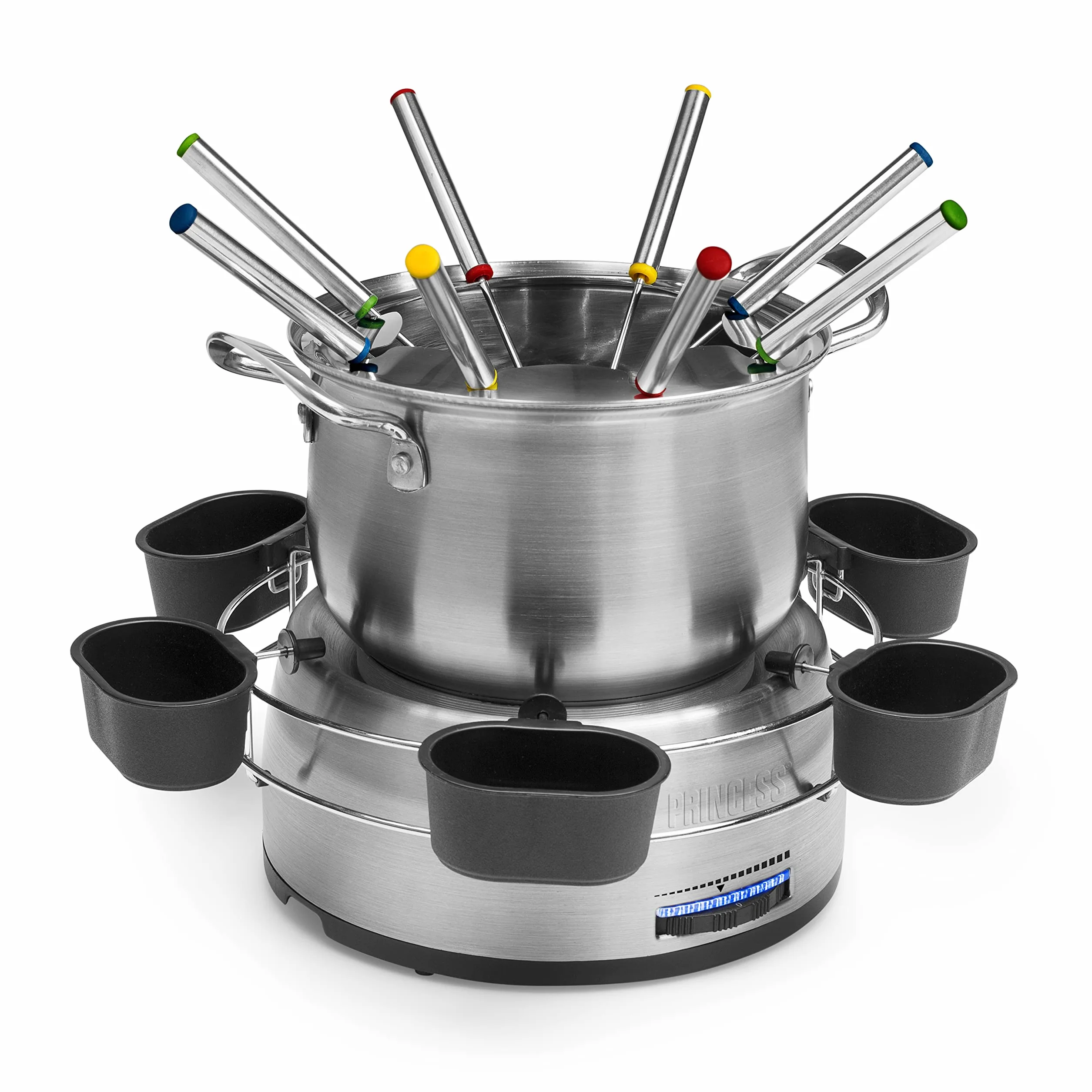Princess Family Zestaw Do Fondue 800 W 1,2 L Stal Nierdzewna Termostat Podwójne Dno 8 Widelczyków 6 Miseczek Srebrny
