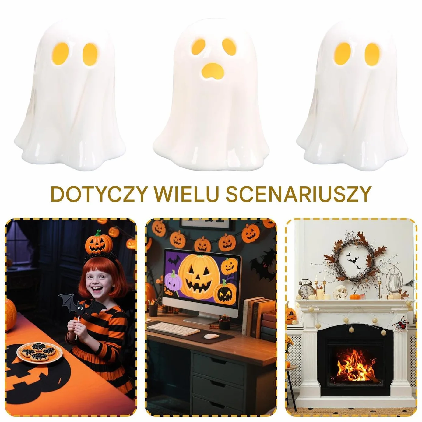 Ghost Figurine, Halloween Sculpture Ghost LED Lighting, 3 Pieces Cute Miniature Collectible Ornaments, for Haunted House Mantel Shelf Windowsill Fireplace 3.54x4.13 inches
