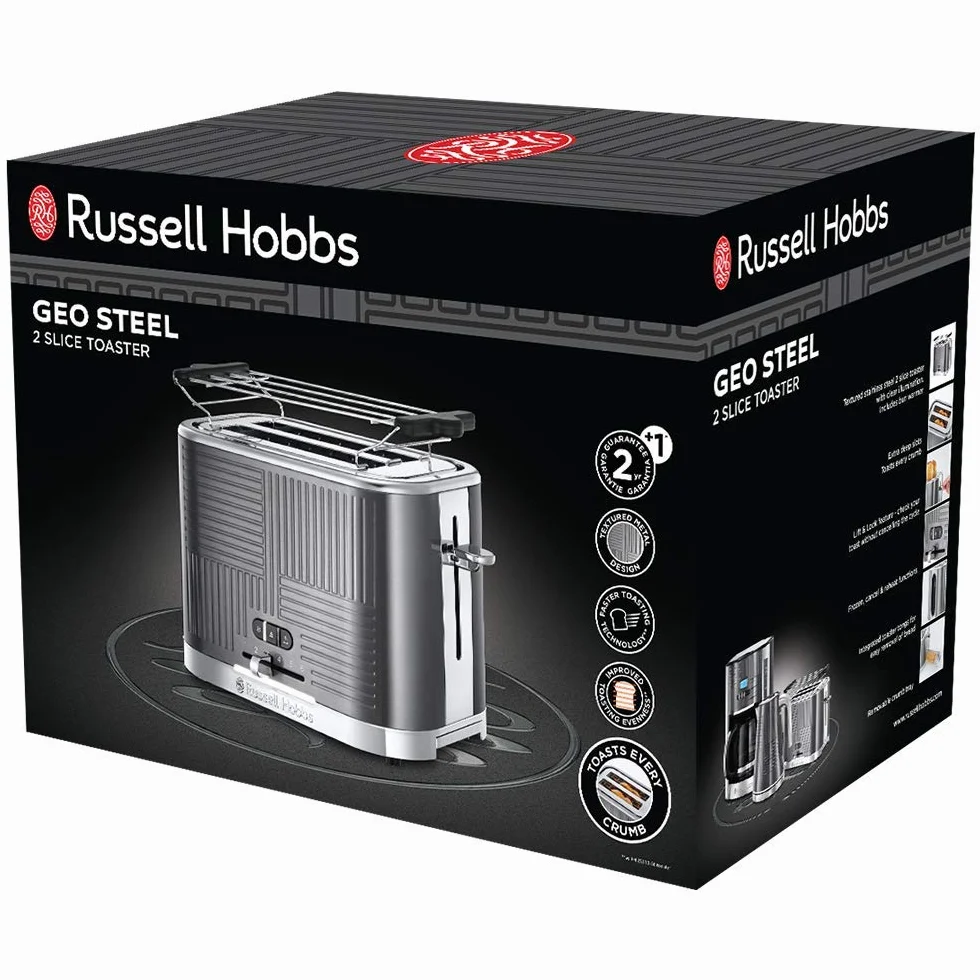 Russell Hobbs Chleb Grid [Dla 2 plasterków] Geo Steel (szerokie otwory, 4 funkcje, szybkie grillowanie/brązowanie, zintegrowany szczypce, podniesienie, podgrzewacz ciastek, podnosi okruchy, 1640W)