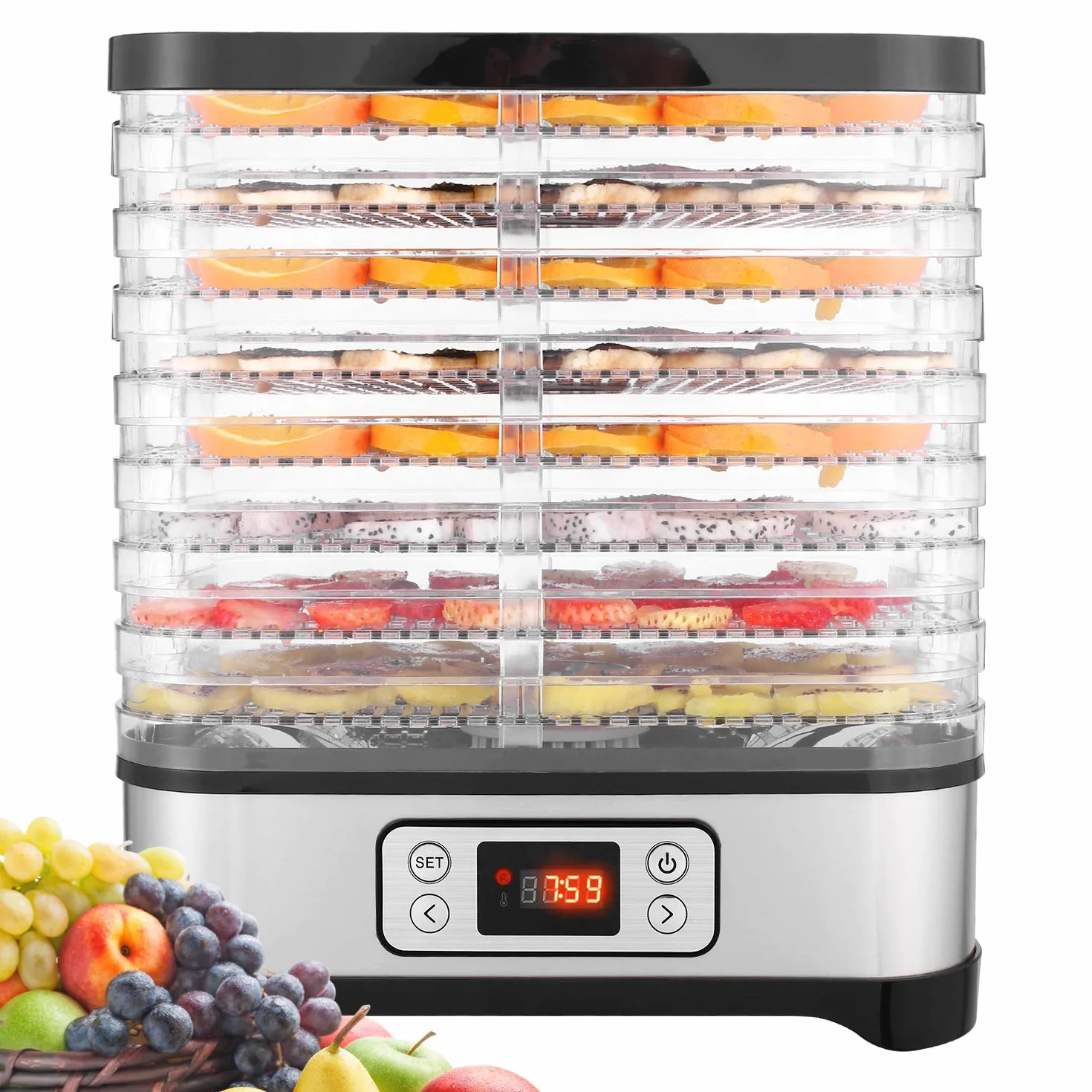 COOCHEER 8 tacek, dehydrator warzyw owocowych z timerem i regulacją temperatury, wyświetlacz LED, 400 W