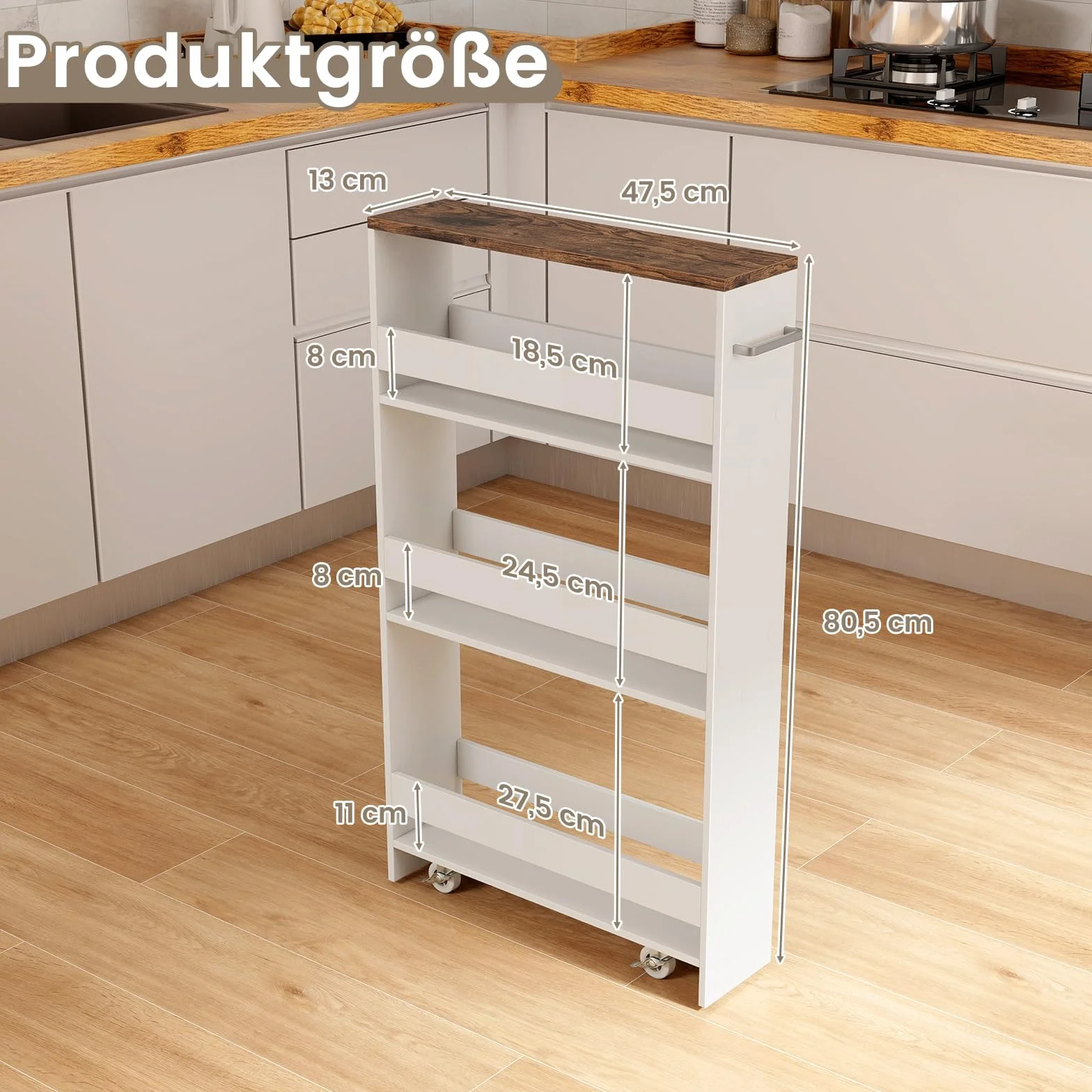 COSTWAY Wózek wnękowy o szerokości 13 cm, 4 poziomy, wózek kuchenny, wąski, regał wnękowy na kółkach, wózek do serwowania z uchwytem i poręczami, regał łazienkowy, do kuchni, łazienki, 47,5 x 13 x