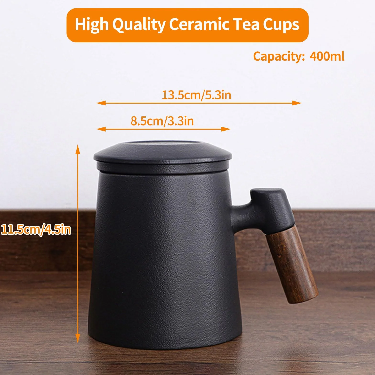 Kubek do zaparzania herbaty z pokrywką i sitkiem, 400 ml, gradientowy, duży kubek z zaparzaczem czarny, matowa ceramiczna filiżanka do parzenia z drewnianym uchwytem, herbata
