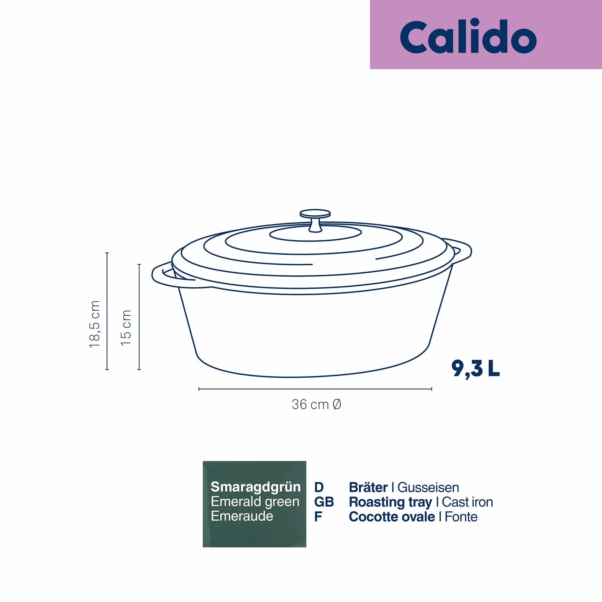 kela Garnek żeliwny owalny 9,3 litra, Dutch Oven CALIDO, indukcyjna brytfanna żeliwna z pokrywką, żeliwny garnek do pieczenia chleba, emaliowany, zielony