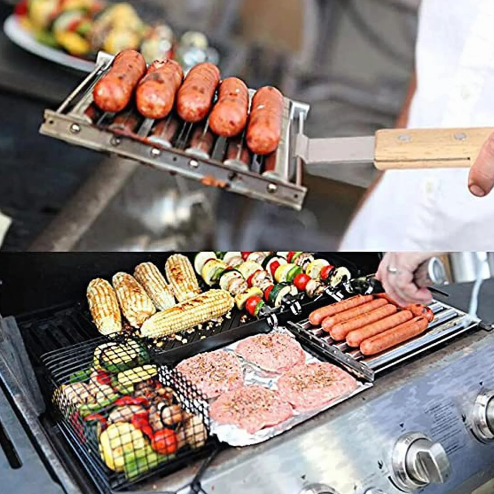 Hot Dog Roller dla Girll, Odłączany Stojak na Kiełbaski Hot Dog ze Stali Nierdzewnej z Bardzo długą drewnianą rączką BBQ Hot Dog Girller do Równomiernego Gotowania (M)