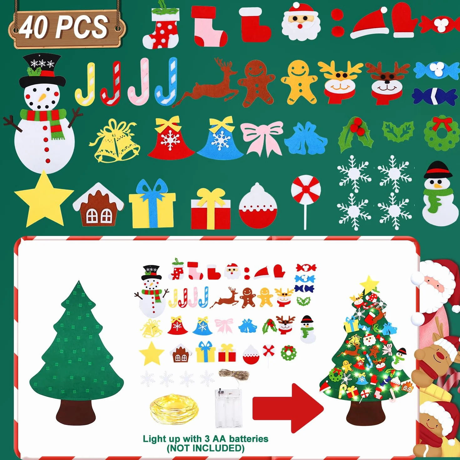 Filcowa choinka DIY dla dziecko, 3.2Ft z dekoracją świąteczną, zdejmowana 40PCS