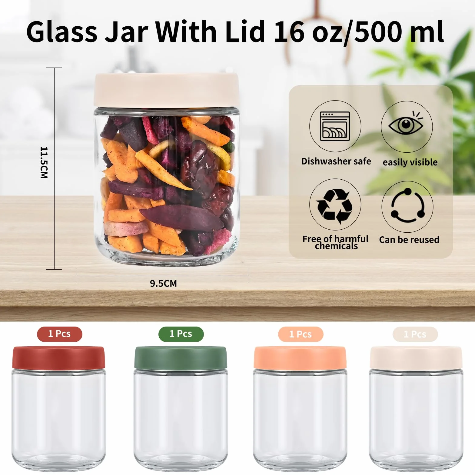 4-pak 500 ml słoik owsiany na noc, szklane słoiki z pokrywką, do owoców, owsa, jogurtu, sałatek,puddingu, chutney, przyprawy, wielokrotnego użytku słoiki mason z zakrętką uszczelniającą