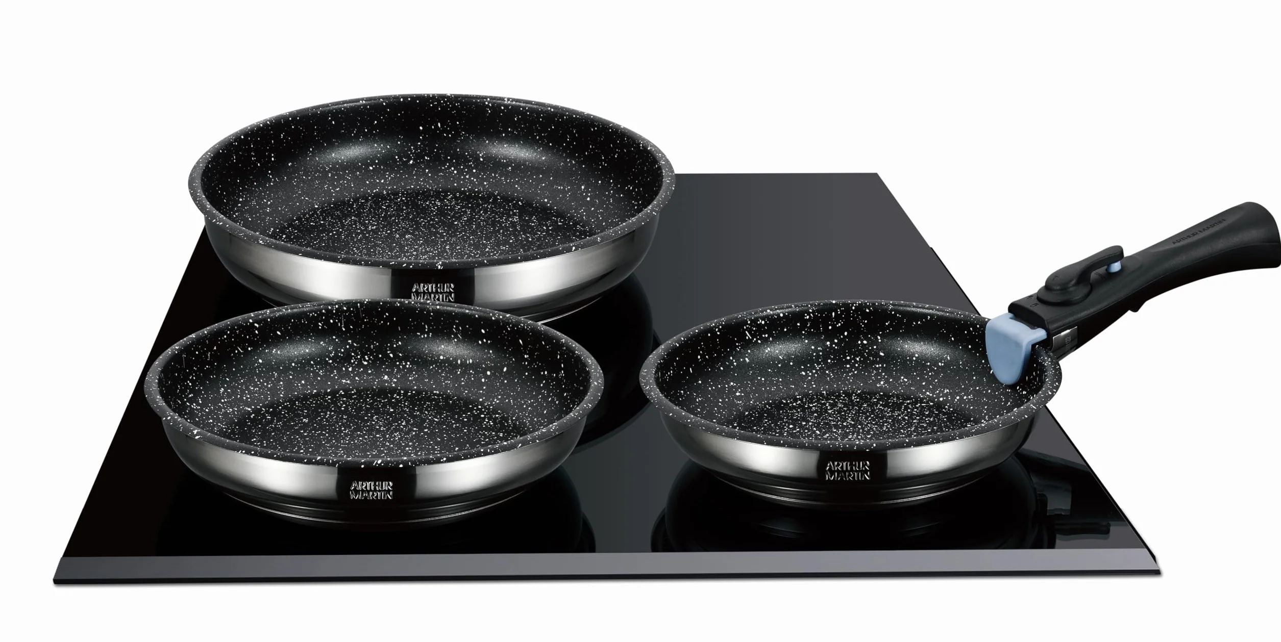 Zestaw 3 patelni Arthur Martin AM9728 ze stali nierdzewnej, powłoka nieprzywierająca, odpinany uchwyt, 20-24-26 cm
