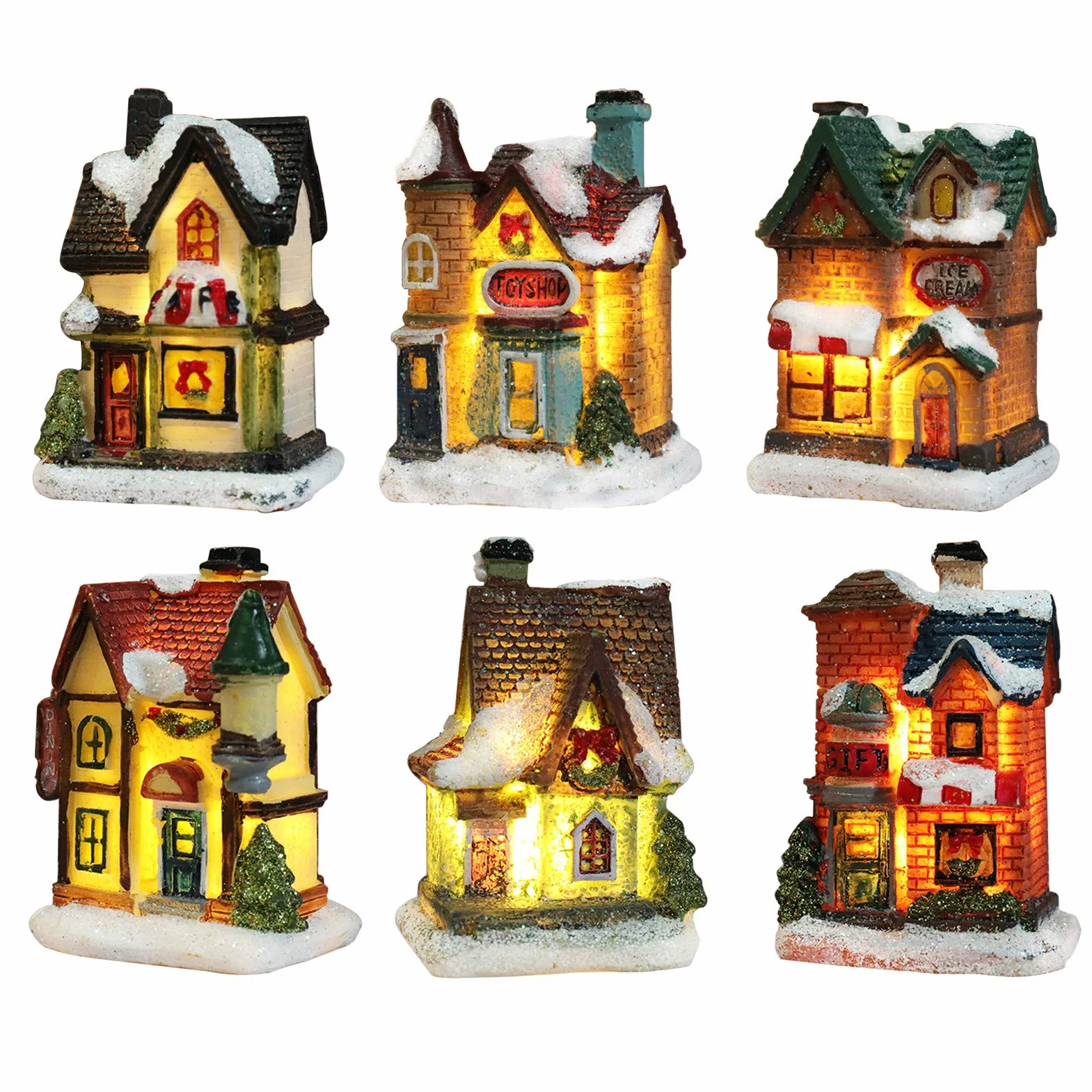 Bseical Village De Noel świecący dom świąteczny, wioska bożonarodzeniowa postać lampa wielokolorowa dekoracja bożonarodzeniowa (zestaw 6 szt., 4 x 6,5 x 9 cm)