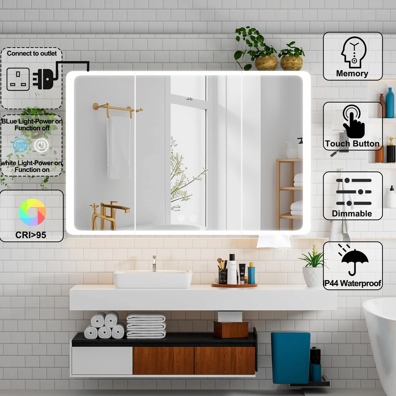 Łazienkowa szafka z lustrem z oświetleniem LED, możliwość ściemniania, 100 x 13 x 70 cm, z 3 drzwiami i 8 półkami, sterowanie dotykowe, biała + piaskowa biel
