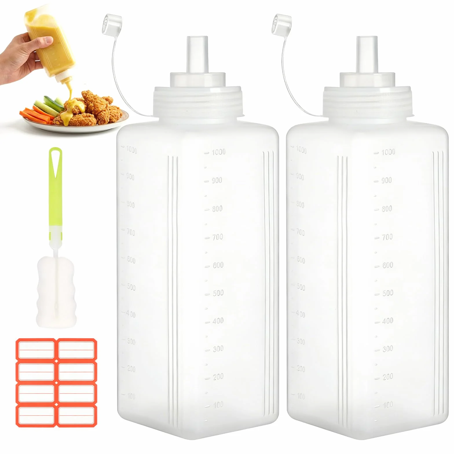 Butelka do wyciskania 1000 ml, 2 sztuki – nadaje się do kontaktu z żywnością, butelka do wyciskania z nakrętkami i etykietami, szczelna, praktyczny dozownik sosu do ketchupu, oleju, BBQ