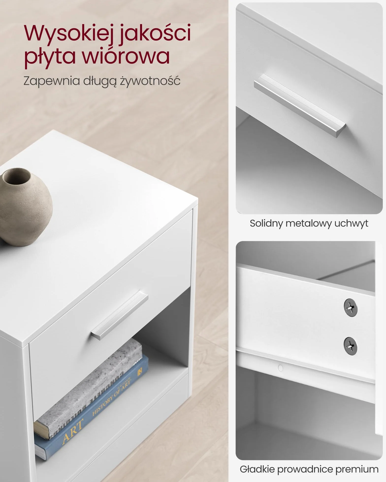 VASAGLE Stolik nocny, zestaw 2 sztuk, z szufladą, uchwytem, otwartą komorą, stolikiem bocznym, do sypialni, salonu, klasyczny biały LET819T14
