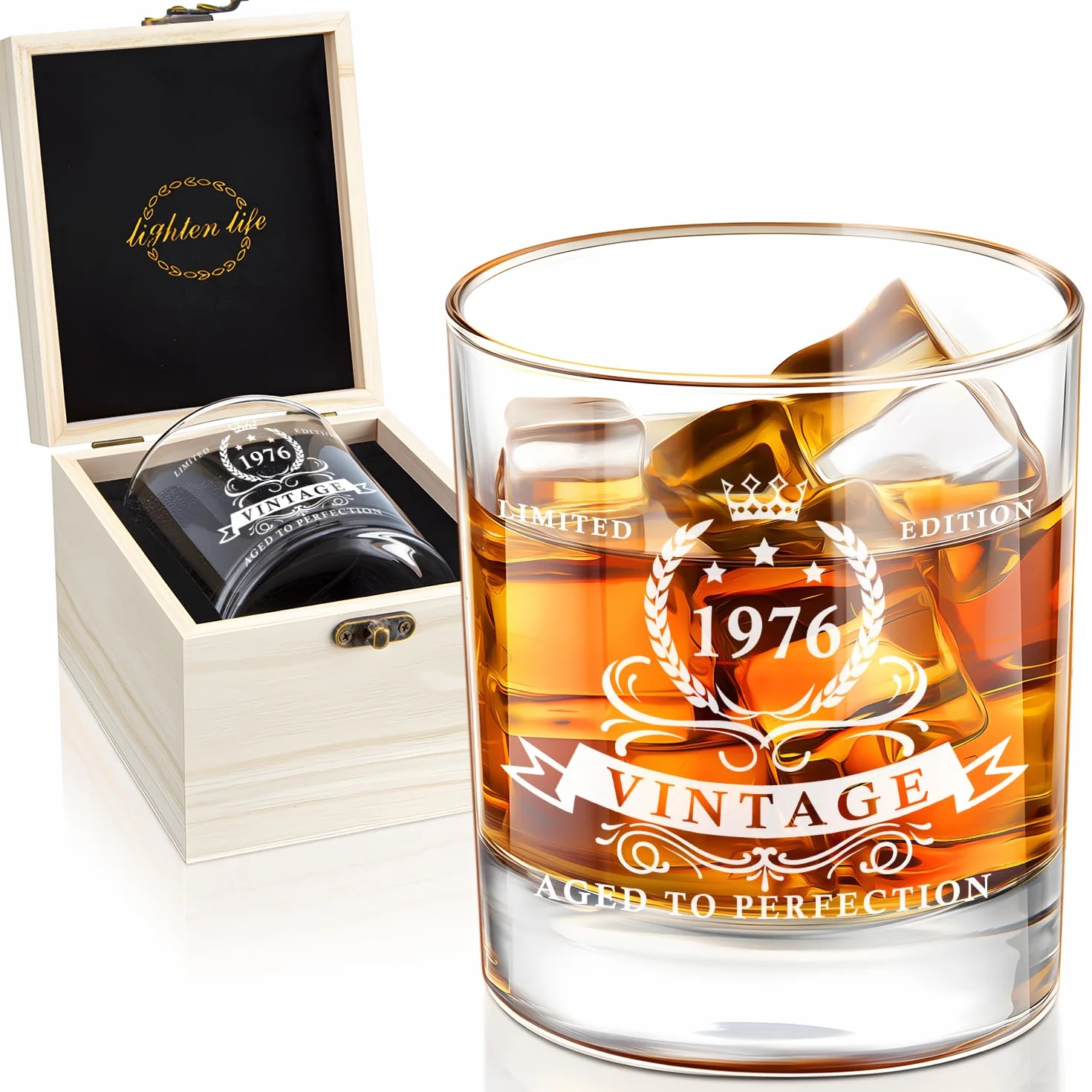 LIGHTEN LIFE Prezenty na 50. urodziny dla mężczyzn 340 ml, szklanka do whisky z 1976 roku w cennym drewnianym pudełku, szklanka burbonowa na 50. urodziny dla taty w wieku 50 lat, męża, przyjaciela