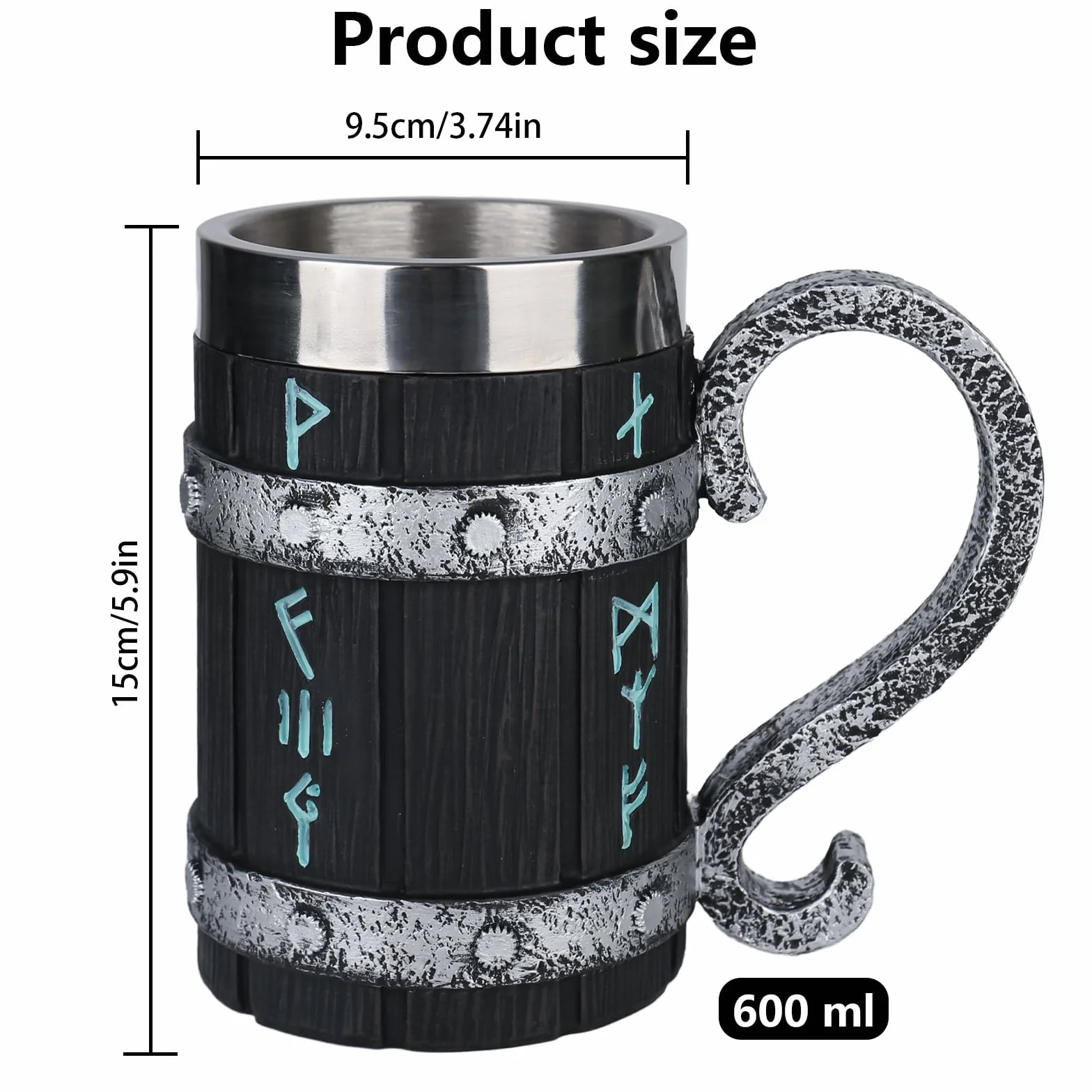 Viking Wooden Barrel Beer Mug, ręcznie wykonany drewniany kufel do piwa w kształcie beczki, wkładka ze stali nierdzewnej, vintage kufel do piwa 600 ml, średniowieczny kubek do picia do kawy
