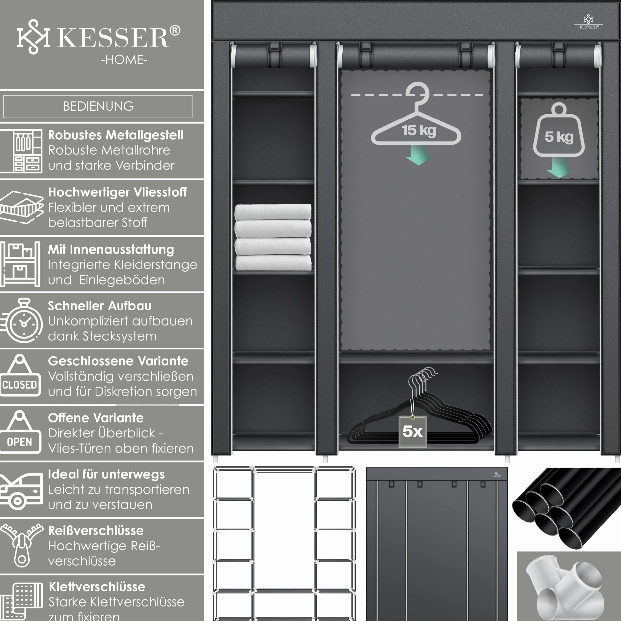 KESSER szafa na ubranie stabilna z drążkiem 150 x składana materiałowa