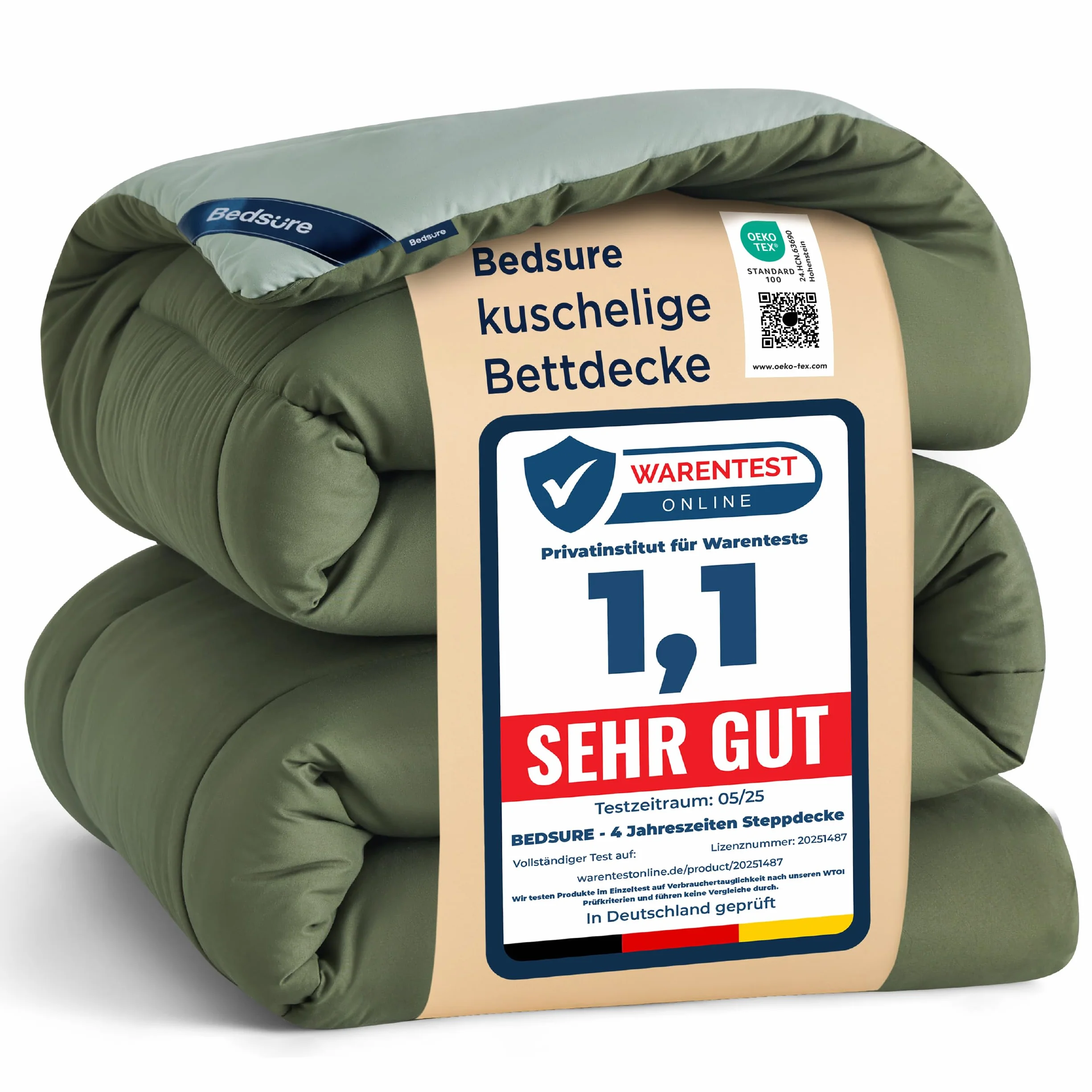 BEDSURE Kołdra pikowana, 200 x 200, całoroczna, Steppdecke - kołdra bez obicia 200x200cm, gramatura 300 g/m², na 4 pory roku, dwustronna, brązowo-zielona/lodowoniebieska, miękka, ciepła, nadaje się