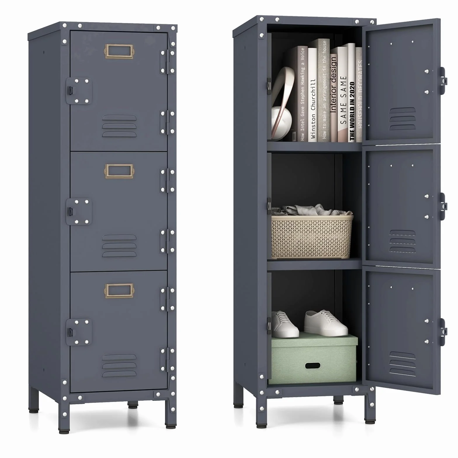 COSTWAY Metalowa szafka na dokumenty 30 x 35 x 100 cm, metalowa szafka z 3 zamykanymi drzwiami, regulowane nóżki, ochrona przed przewróceniem, szafka biurowa vintage, szafka do przechowywania do biura
