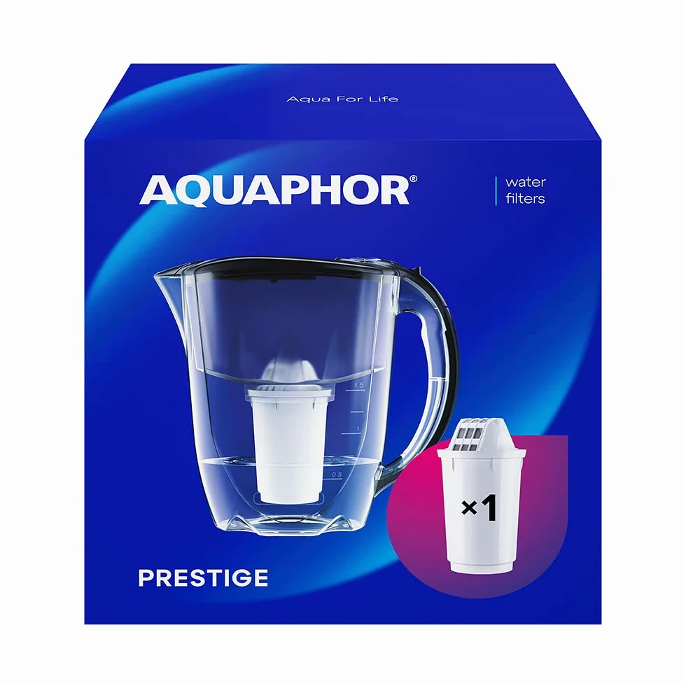 AQUAPHOR Filtr do wody dzbanek Prestige czarny z 1 filtrem A5 I karafka na 2,8 l I pasuje do drzwi lodówki, redukuje wapno i chlor, stołowy filtr do wody, praktyczny dzbanek filtrujący