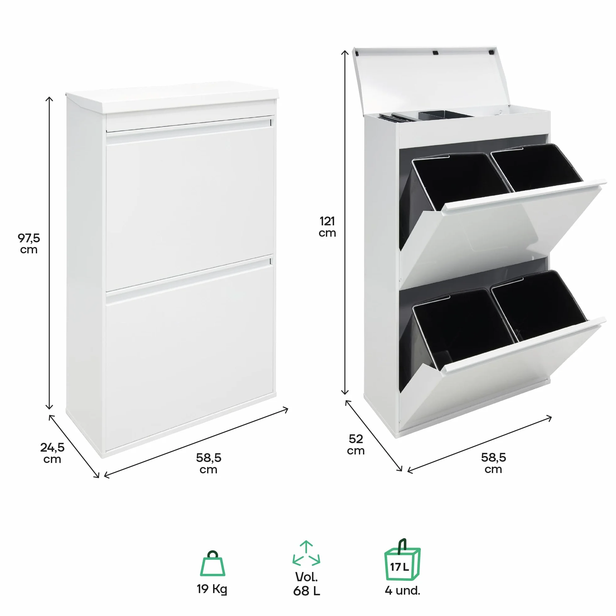 ARREGUI Top CR621-B system segregacji śmieci ze stali z pudełkiem do przechowywania z pokrywką | 4 przegródki do kuchni | 4 pojemniki na śmieci | wyjmowany kosz wewnętrzny z uchwytem | 4 x 17 l (68 l)
