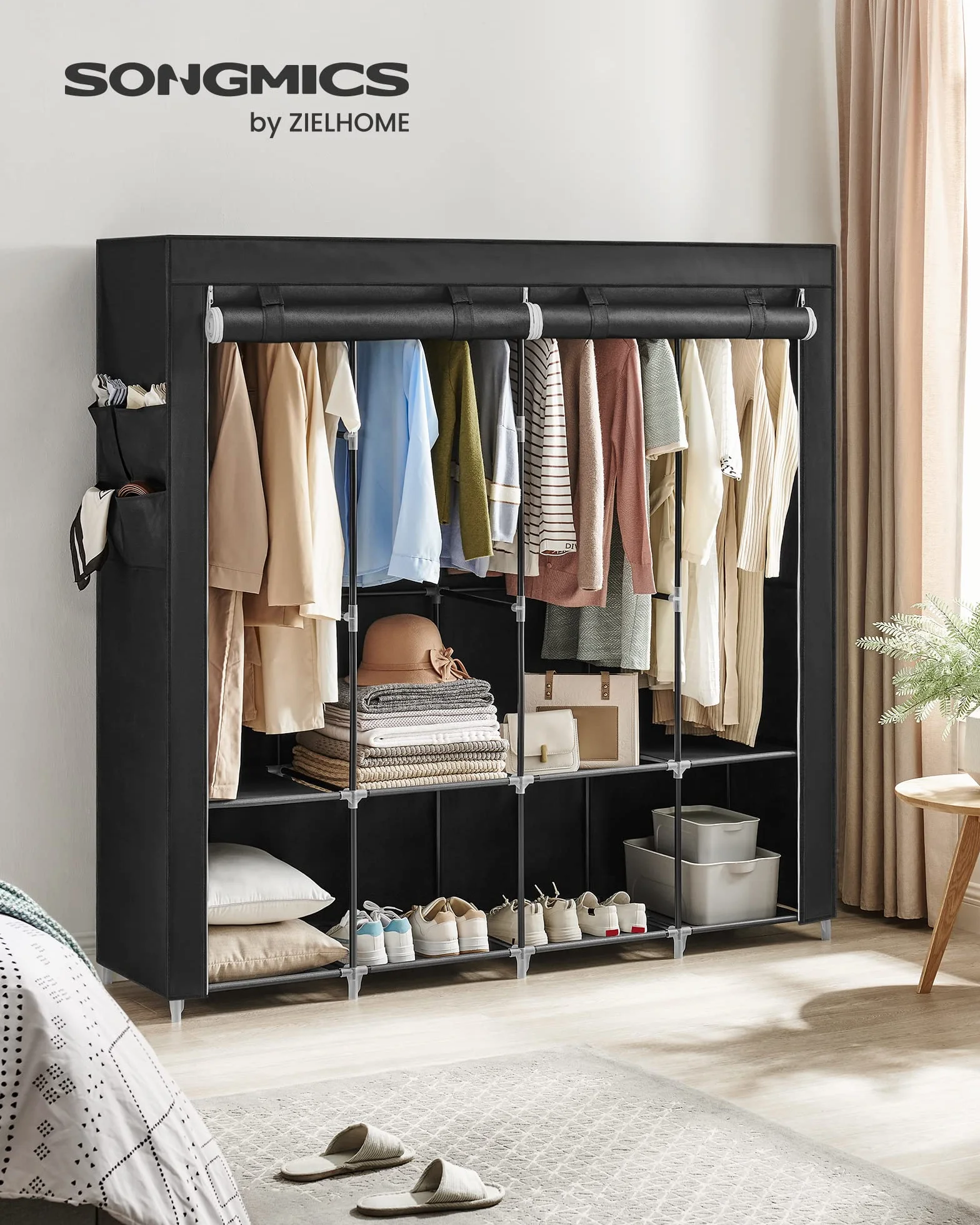 SONGMICS Szafa ubraniowa, garderoba, 45 x 170 x 167 cm, 4 przedziały wiszące, z półkami, 4 kieszenie boczne, dużo miejsca, do sypialni, do salonu, czarna RYG094B02