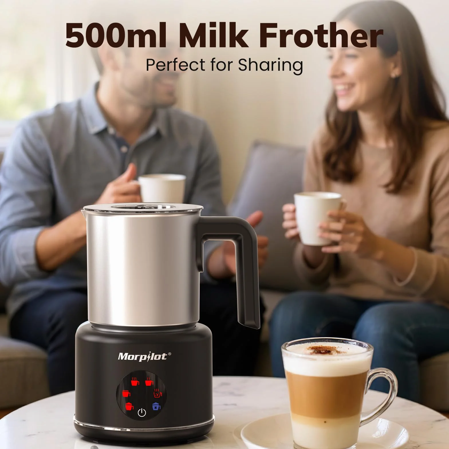 Elektryczny spieniacz do mleka, morpilot Milk Frother ze stali nierdzewnej, funkcja 6 w 1, pojemność 250 ml Cappuccino lub 500 ml ciepłe mleko, rozdzielony, czarny