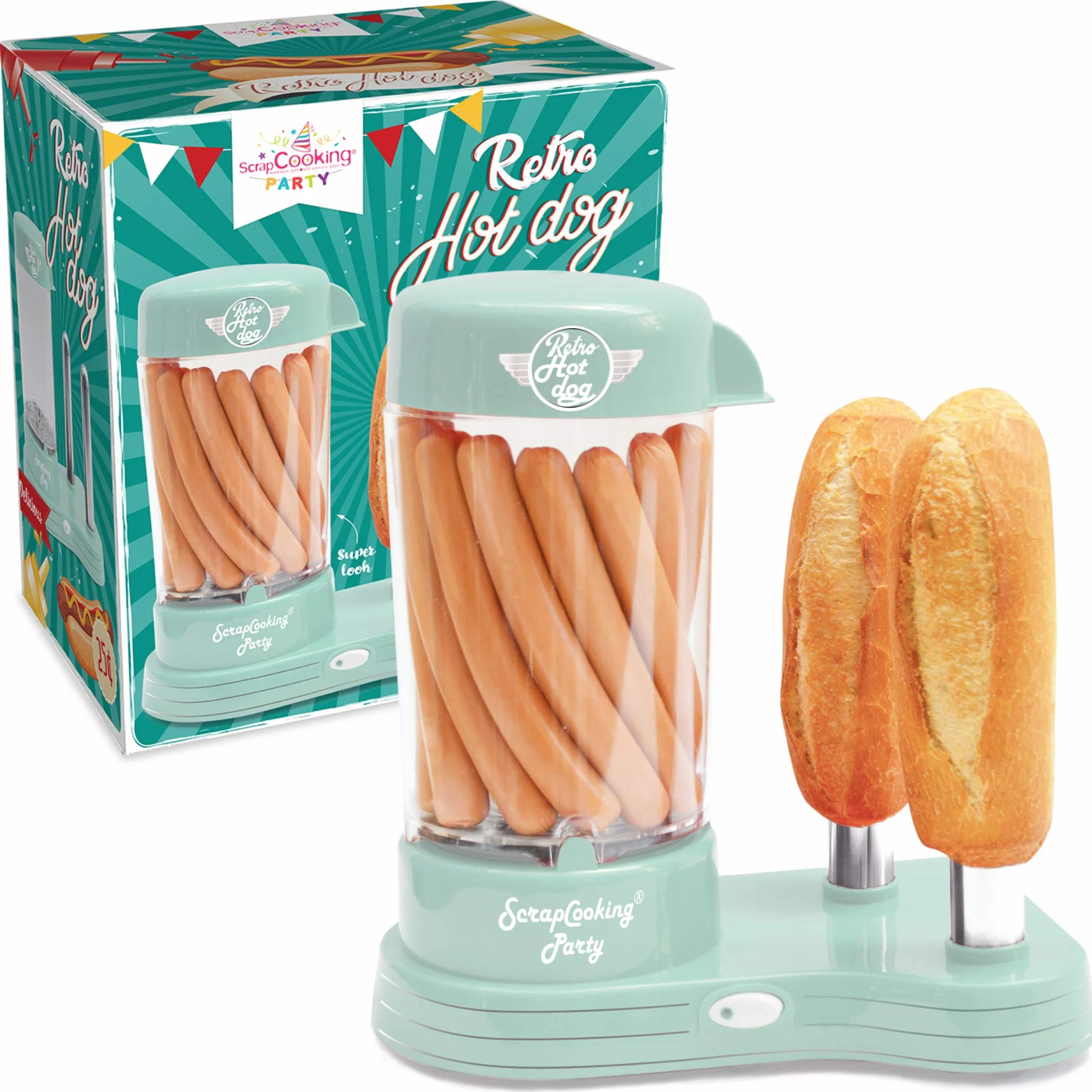 SCRAP COOKING 601 Hot Dogs maszyna na 12 kiełbasek i 2 chleba, styl retro, vintage, grillowanie, imprezy, karby, zielony, tworzywo sztuczne nadające się do kontaktu z żywnością, biała