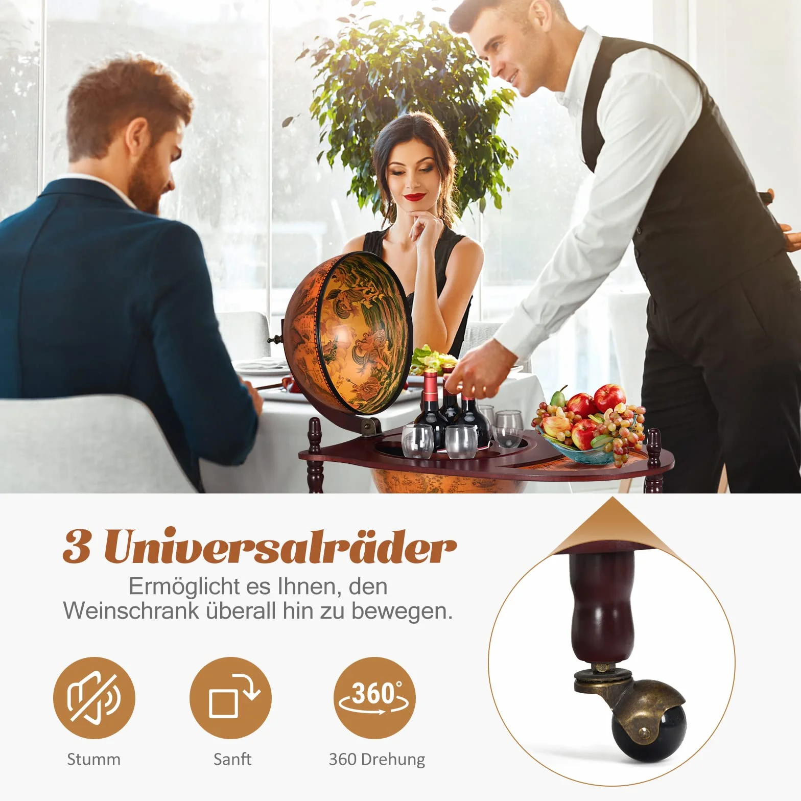 COSTWAY Minibar-globus, kula ziemska, stojak na wino, butelki, barek domowy, koktajlowy, dekoracyjny stolik na kółkach, z blatem