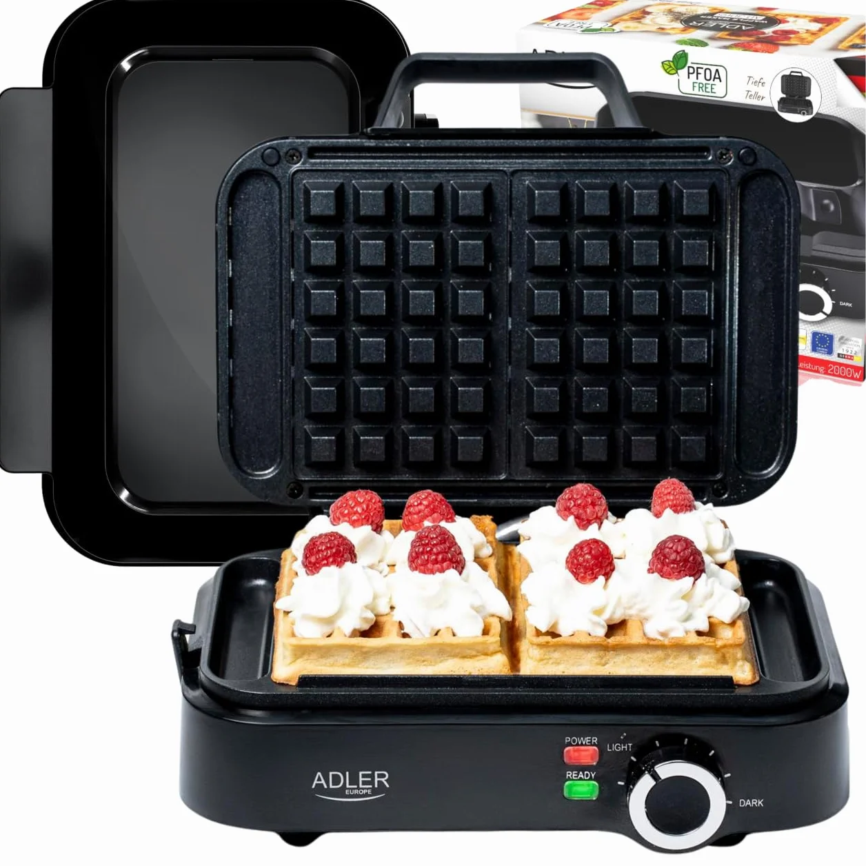 Adler Europe - Mała, podwójna gofrownica 2000 W - regulowany poziom ogrzewania - dwa klasyczne gofry jednocześnie - powłoka nieprzywierająca - 2 lampki kontrolne - głębokie płytki waflowe
