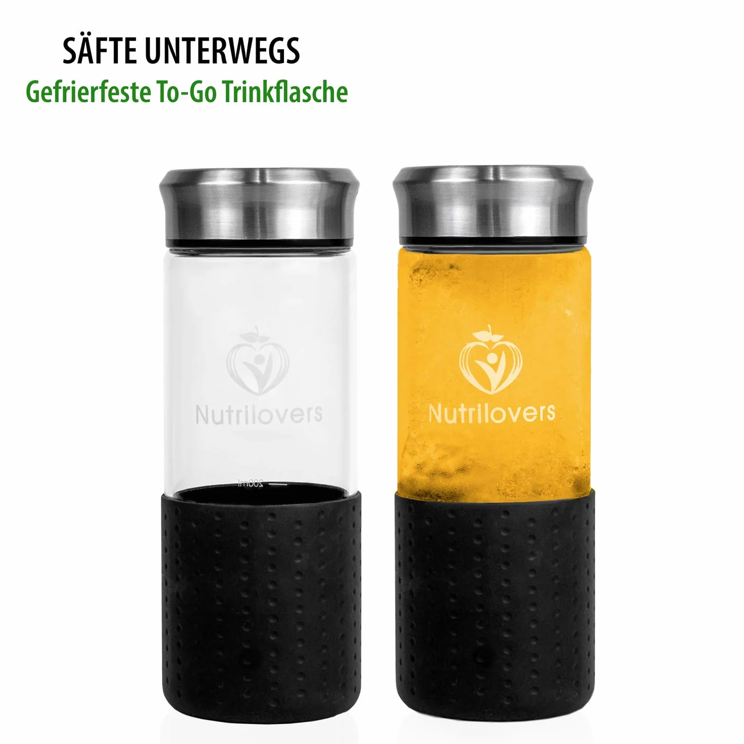Nutrilovers Slow Juice szklana butelka na sok na wynos 450 ml odporna na zamrażanie szkło borokrzemowe BPA free