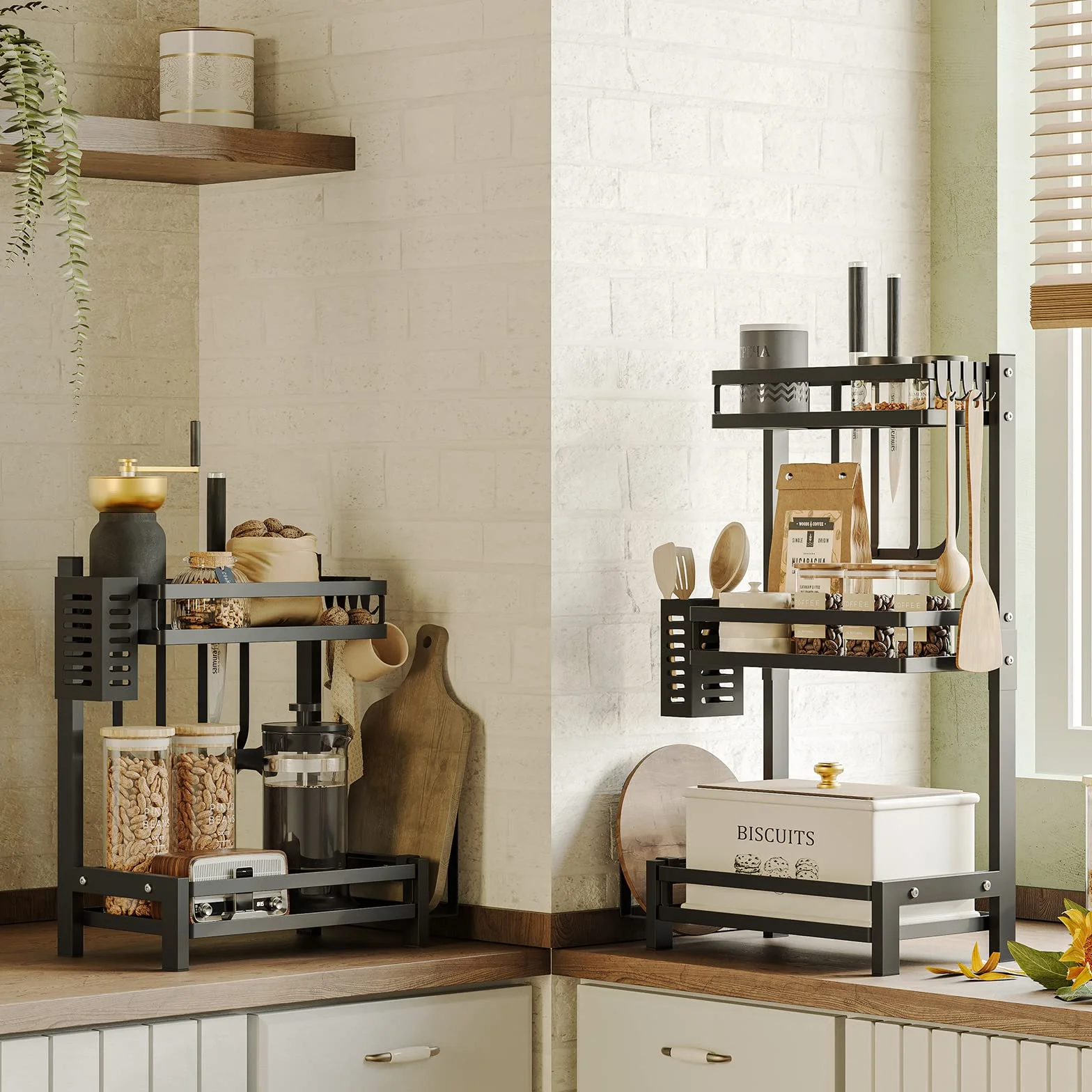 NETEL Wielofunkcyjny stojak na przyprawy, 2 poziomy stojących półek organizer ze stali nierdzewnej do przechowywania w kuchni, z koszem na pałeczki, uchwytem na sztućce, 32.5x20x40cm, czarny matowy