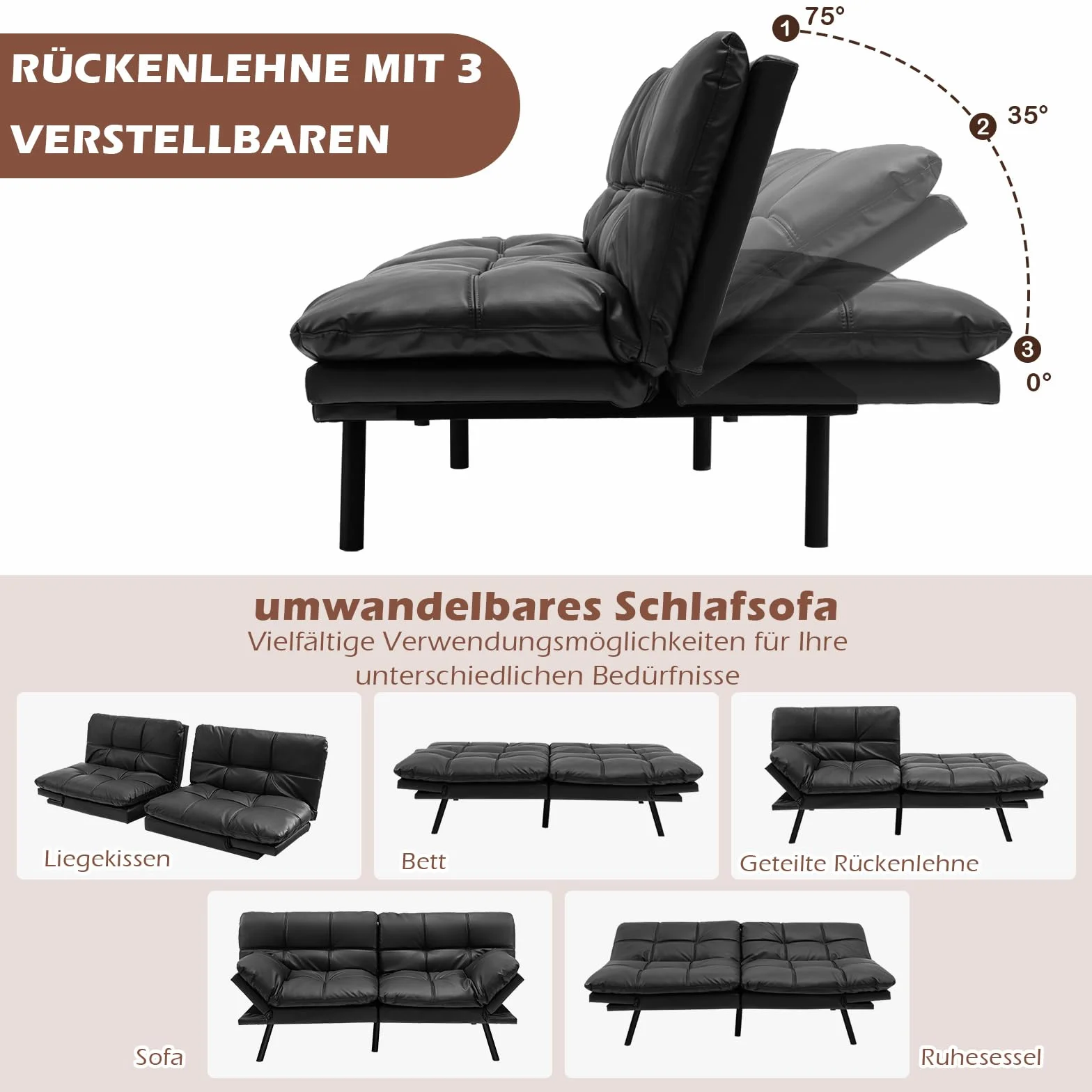 COSTWAY Rozkładana sofa do spania, sofa z funkcją spania, przekształcalna sofa do spania z regulowanym oparciem, sofa do spania z dużą powierzchnią leżącą 182 x 106,5 cm do salonu (czarny)