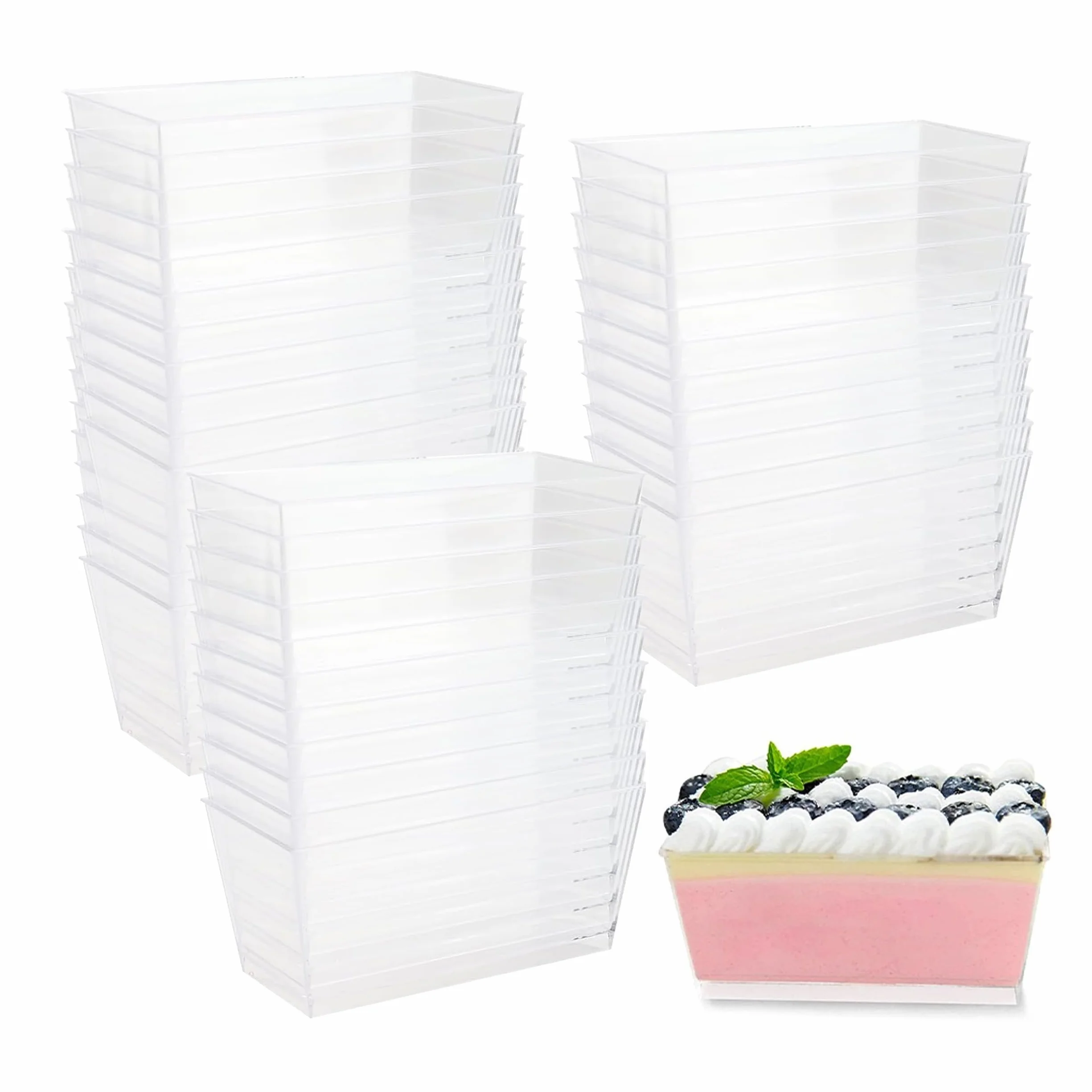 30 Sztuk Plastikowych Kubków Deserowych, Prostokątne, Przezroczyste Miseczki Deserowe, Wielokrotnego Użytku, Kwadratowe Kubki Deserowe, do Deserów, Puddingu, 140 ml, Materiał PS