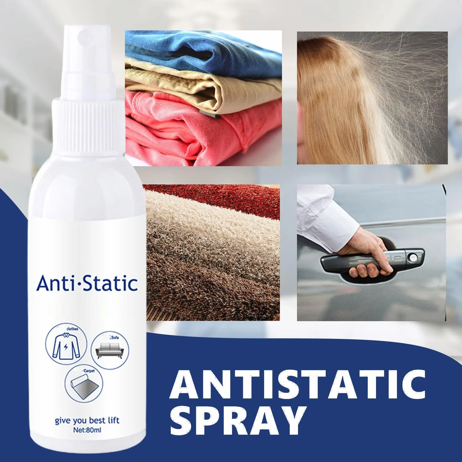Antystatyczny spray, 80 ml, antystatyczny odświeżacz materiału, bezzapachowy płyn do płukania tkanin o natychmiastowym i długotrwałym działaniu, dla kobiet, mężczyzn i bielizny rodzinnej