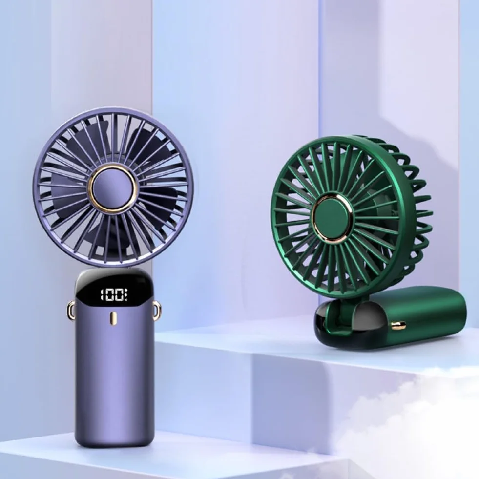 Przenośny wentylator ręczny, osobisty wentylator ładowany przez USB, 4800 mAh, składany mini wentylator biurkowy 90°, z cyfrowym wyświetlaczem LED, 5 prędkości, wielofunkcyjny wentylator do