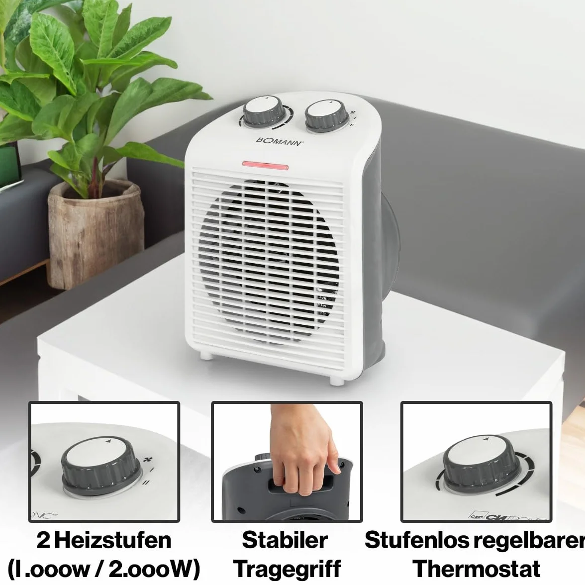 Bomann Termowentylator - Nagrzewnica elektryczna - Nagrzewnica - Przenośna i kompaktowa nagrzewnica 2 poziomy ogrzewania (1000/2000 W) Biały/HL 660401 CB BOMANN